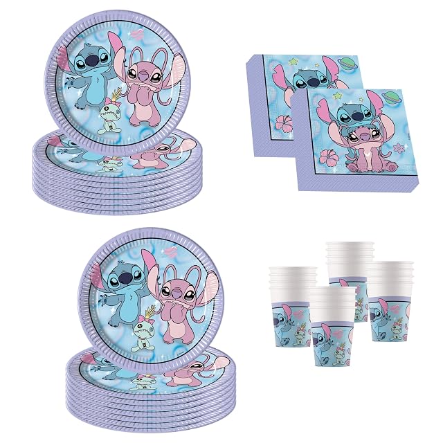 Procos - Decoración de cumpleaños de Disney Stitch & Angel, 52 Piezas, Platos, Vasos y servilletas de cartón…