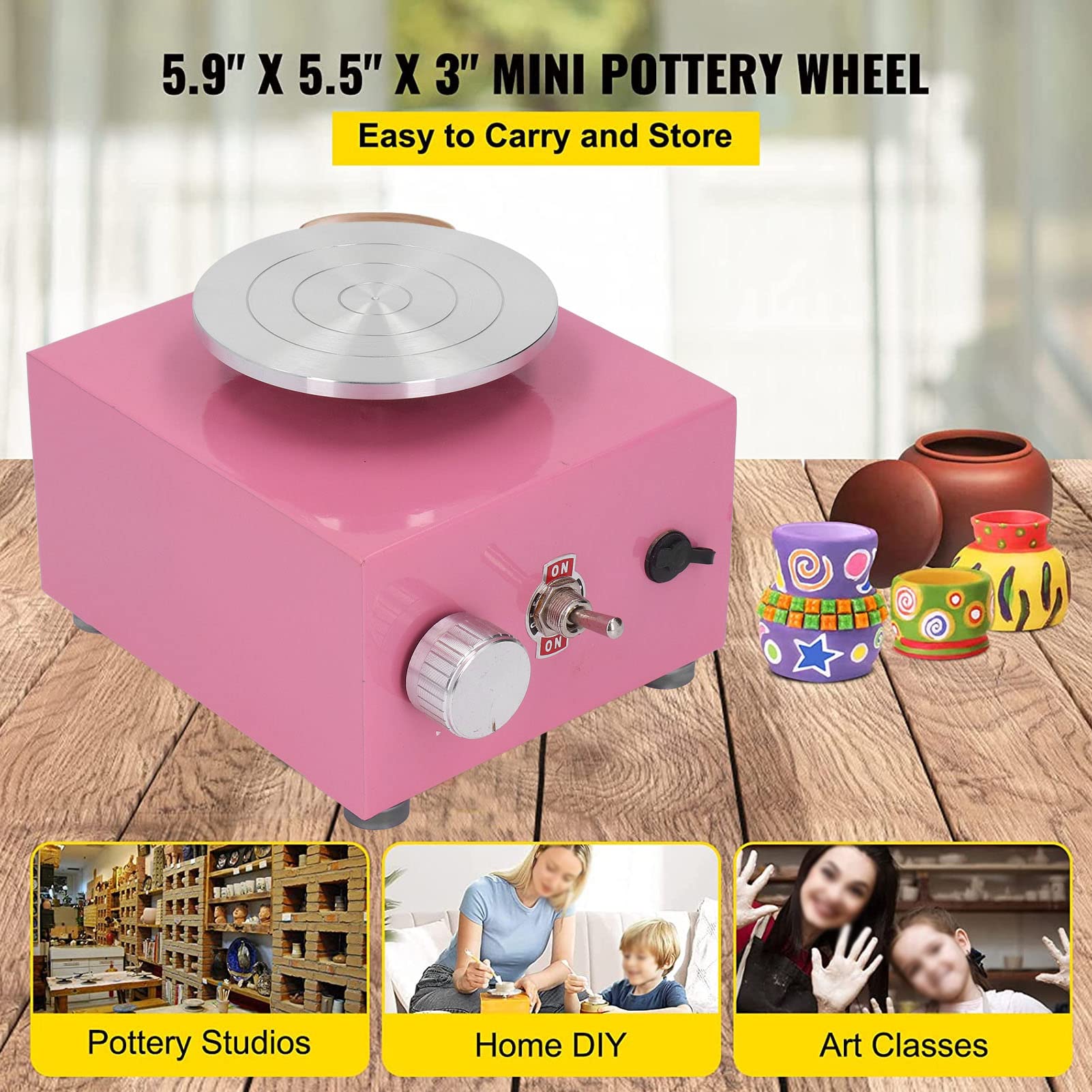 Fockety Mini Torno de Cerámica, Máquina de Rueda de Cerámica Ajustable de 0-2000RPM, Rueda de Cerámica Eléctrica con Lavabo Desmontable para Niños para la Enseñanza de Cerámica Escolar, Bricolaje(EU)