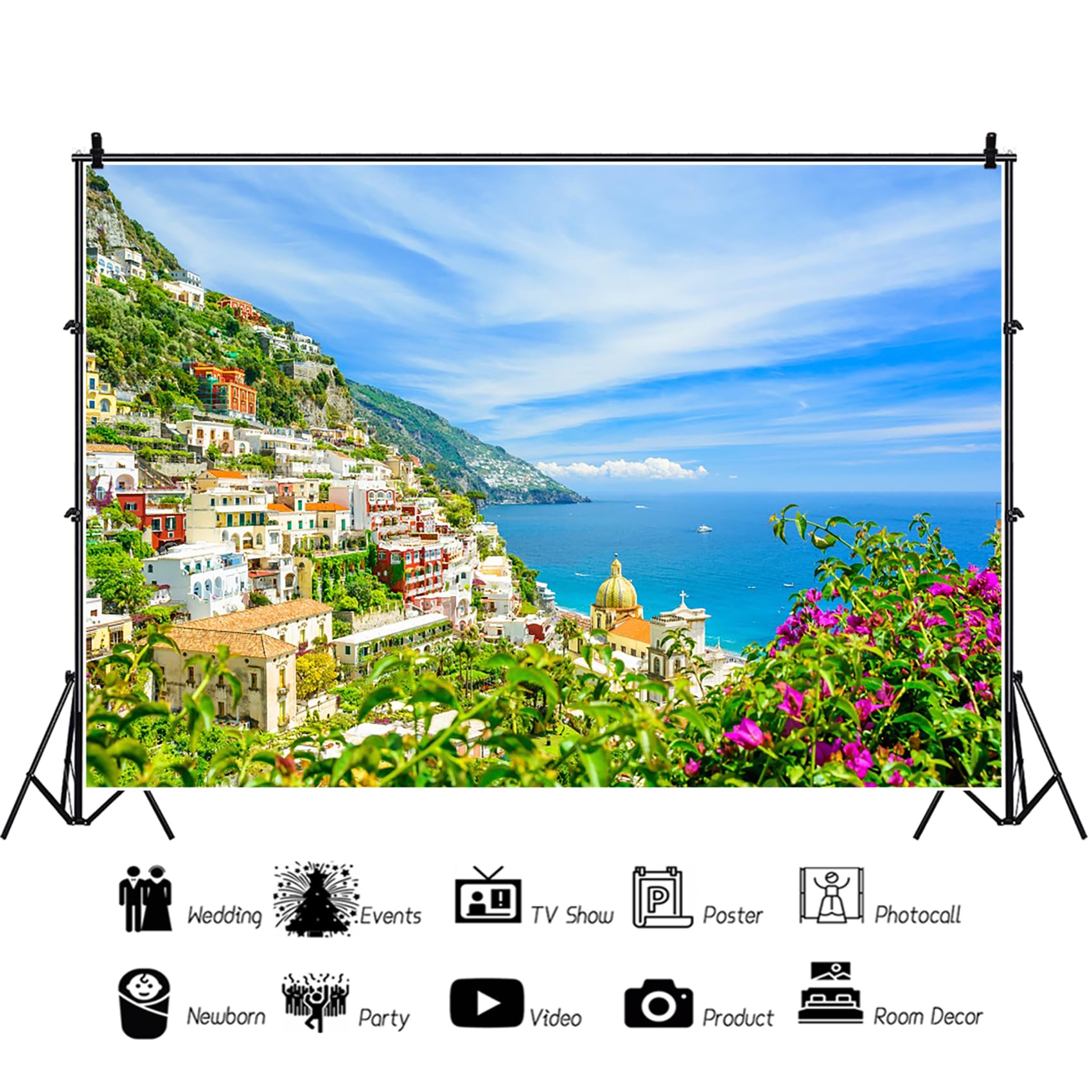 Telón de Fondo Ciudad Griega 3.5x2.5m Mar mediterráneo Fondo de la Isla de Santorini Primavera Cielo Azul Nubes Blancas Paisaje Fotografía Telón de Fondo Estudio Accesorios de Disparo