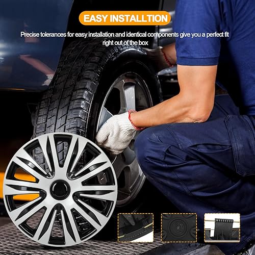 Miniatura 10 de OCPTY Paquete de 4 tapacubos de 16 pulgadas para llantas de automóvil, color negro brillante y plateado, repuesto para ruedas de acero OEM, ABS de