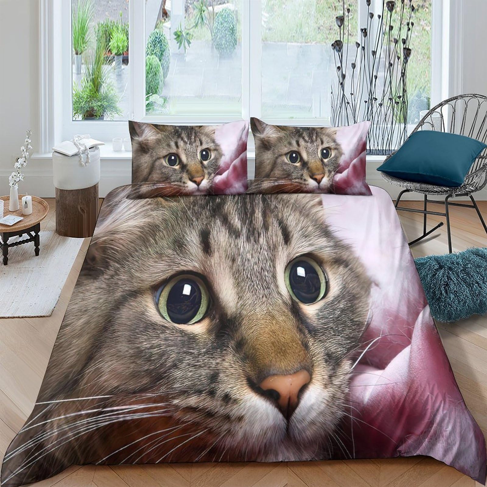 Ctjqhvkz Style-4 3D Printed Tabby Cat Fitted Sheet Microfiber Soft Decorative Pink Flower Mattress Cover For Bedroom Dorm Easy Care Single（135X200cm）