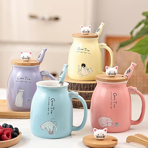 Miniatura 3 de Juego de 2 tazas de té con diseño de gato, taza de café de cerámica con tapa Kawaii y cuchara, tazas lindas para mujeres y niñas, amantes de los