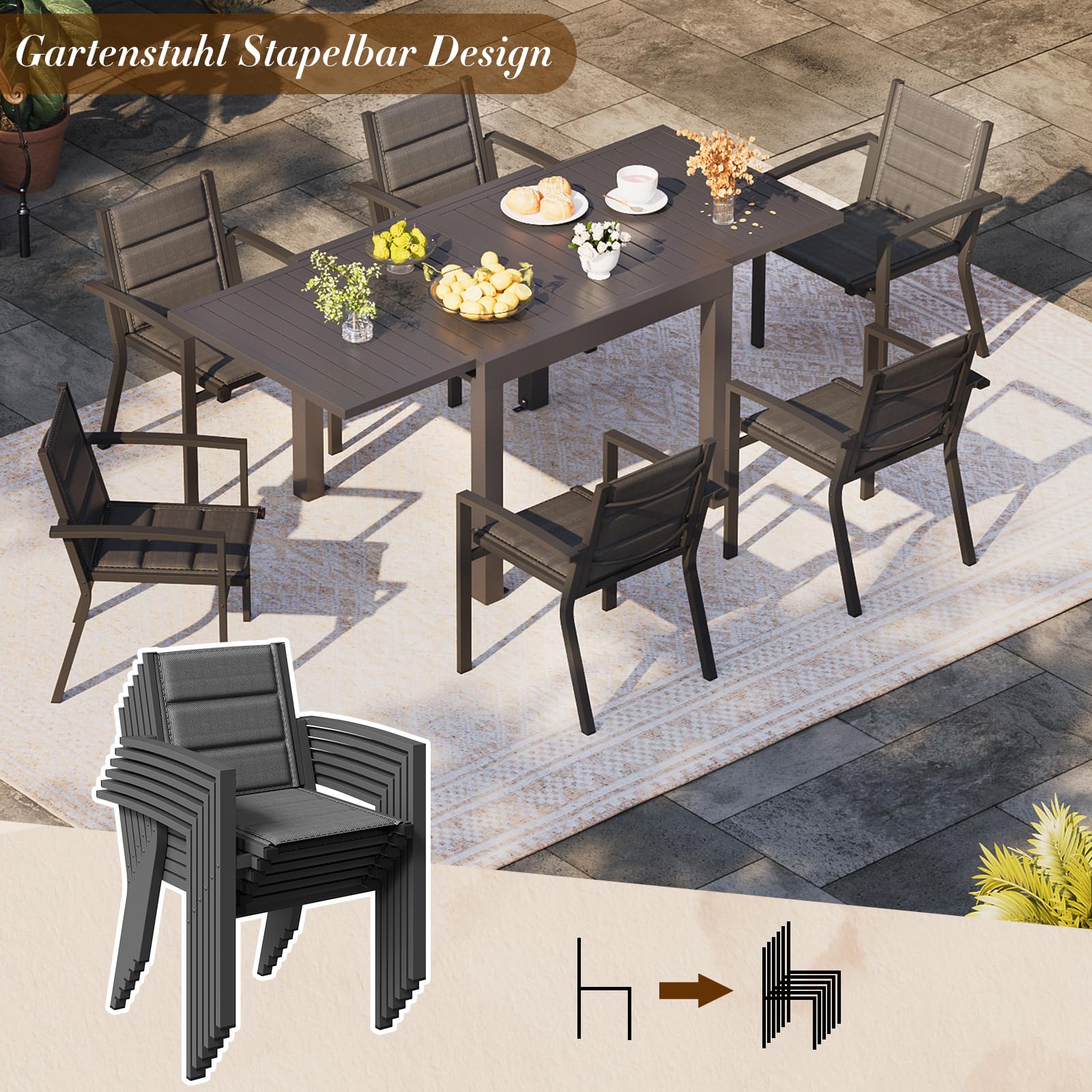 TRIUMPHKEY Salon de Jardin Extérieur 6 Personnes en Aluminium - Table Extensible (80-160 cm) & 6 Chaises Stapelables - Ensemble Terrasse et Jardin, Gris foncé