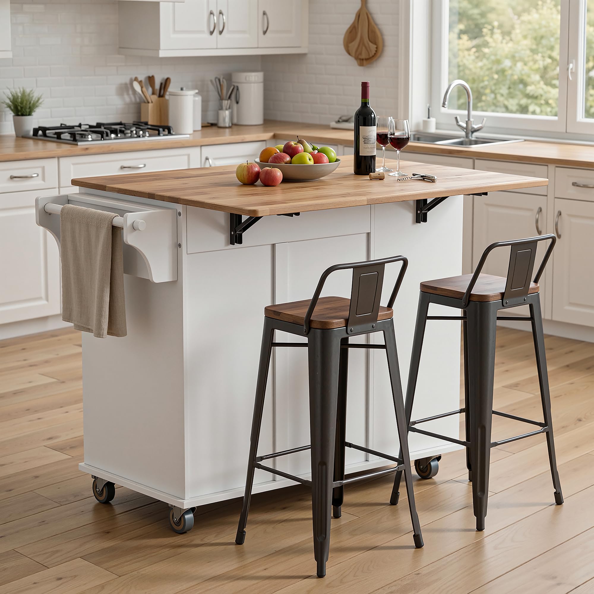 Xbro Isola Cucina con Piano di Lavoro Pieghevole e Ruote, Penisola Cucina Salvaspazio con Cassetto, Vano Pattumiera, Portacoltelli e Portasciugamani, Mobile Cucina 113 x 51 x 90 cm