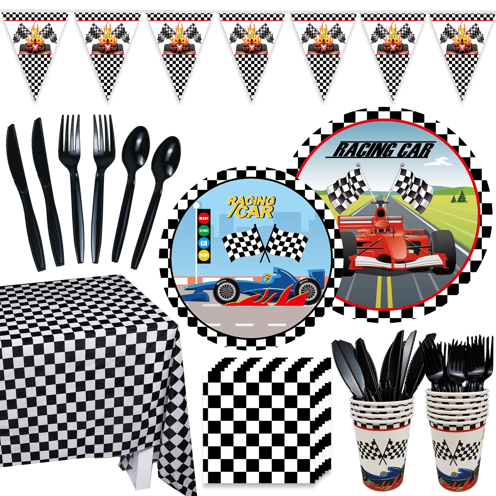 Rainmae Race Car Party Supplies Set-Racing Car Tableware for Boys Birthday Dinner Dessert Cake Plates, Napkins, Cups, Spoons, Forks, Knives, Tablecloth, Banner for Two Fast Decoration Serves 20 Guests