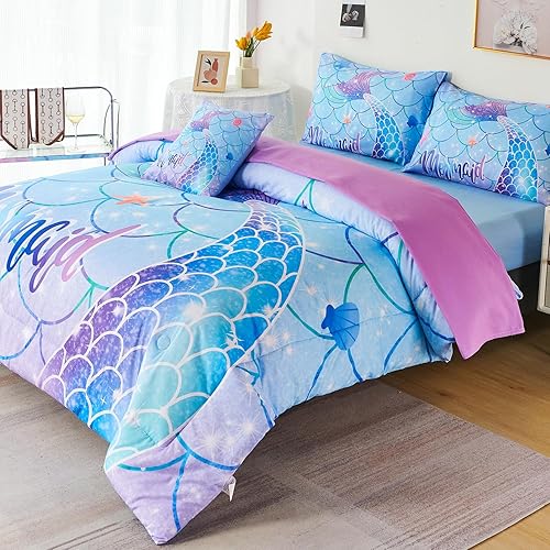 Miniatura 2 de URBONUR Juego de edredón de cola de sirena para niñas, tamaño individual, juego de ropa de cama de escamas de peces para niña, 6 piezas, ropa de