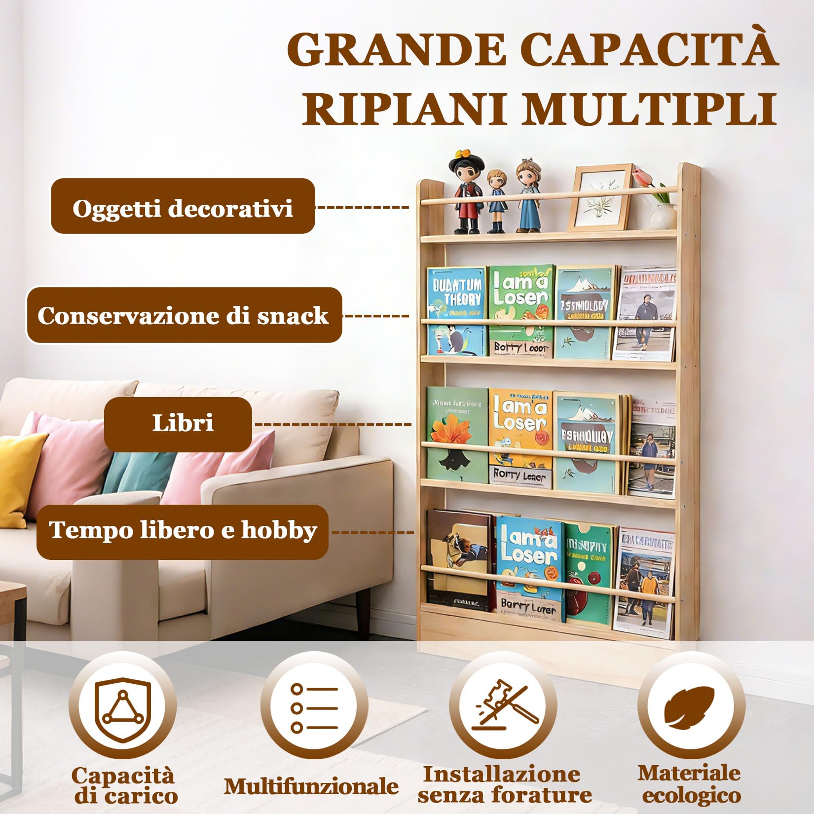 Scaffale Organizzatore in Legno Massiccio Stretto,Scaffale Dietro la Porta,Libreria sottile e stretta,Libreria Bambini da Parete,grande capacità di archiviazione,for soggiorno,armadio