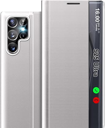 Phone Case for Samsung S25 Ultra 5G Case, Clear View Window Slim Mirror for Galaxy S25 Ultra Case with Kickstand, Leather PC Flip Protective Cover for Samsung Galaxy S25 Ultra Case Gray