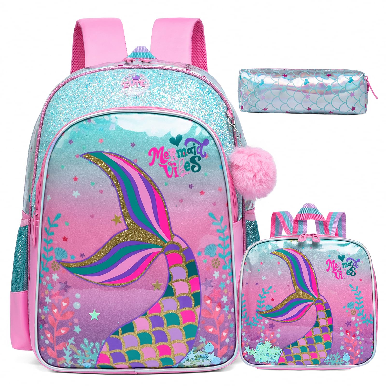 ZBAOGTW Mermaid Backpacks for Girls Backpack for School Elementary Students Kids Backpack with Lunch Box Cute Backpacks for School Girls 8-12