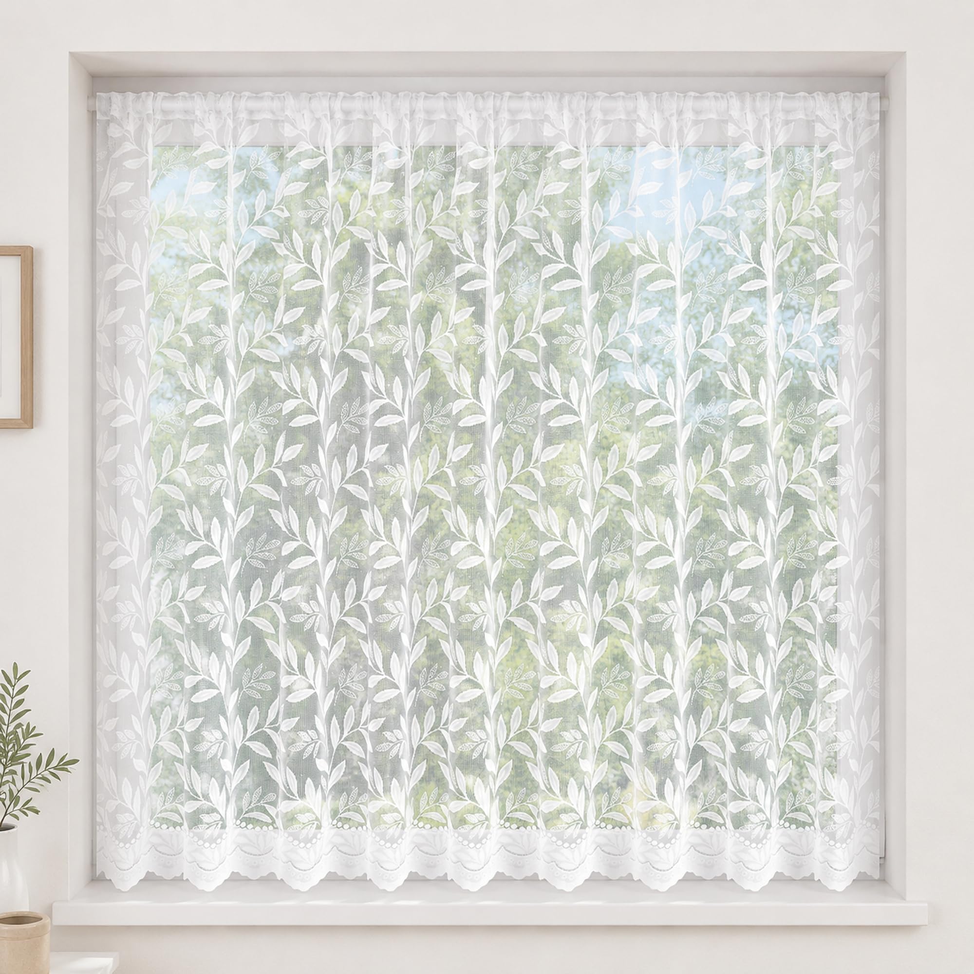 4 Metres Wide x 27" (68cm) Drop - Sylvana White Floral Leaf Lace Net Curtain - Slot Top Window Panel - Botanical Leaf Vine Design - Scalloped Hem - Panel By The Metre