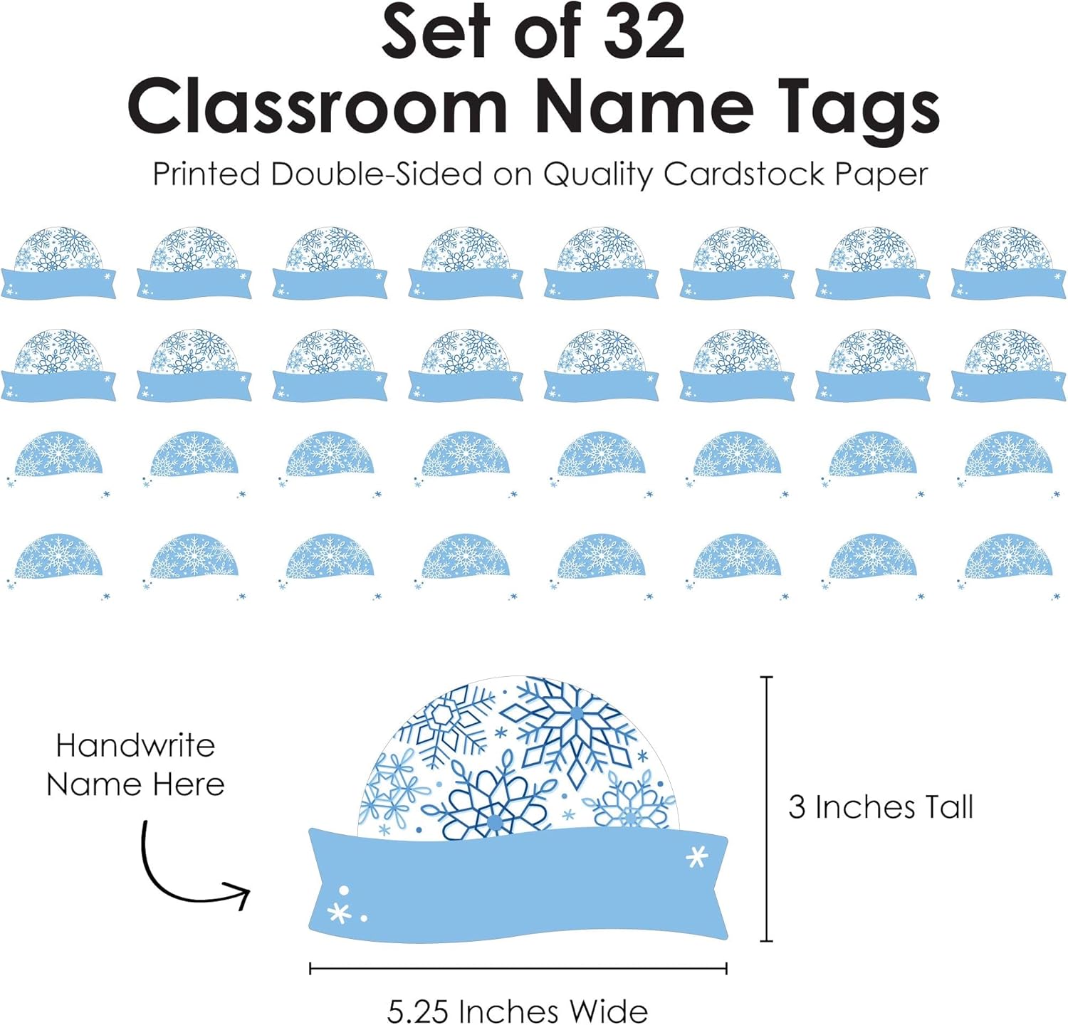 Big Dot of Happiness Winter Snowflakes Classroom Name Tags - DIY Desk Locker Labels, Double-Sided Cardstock Paper, 32 Cards with 2 Designs, 5.25 x 3 Inch Student Name Plates (Pack of 2)