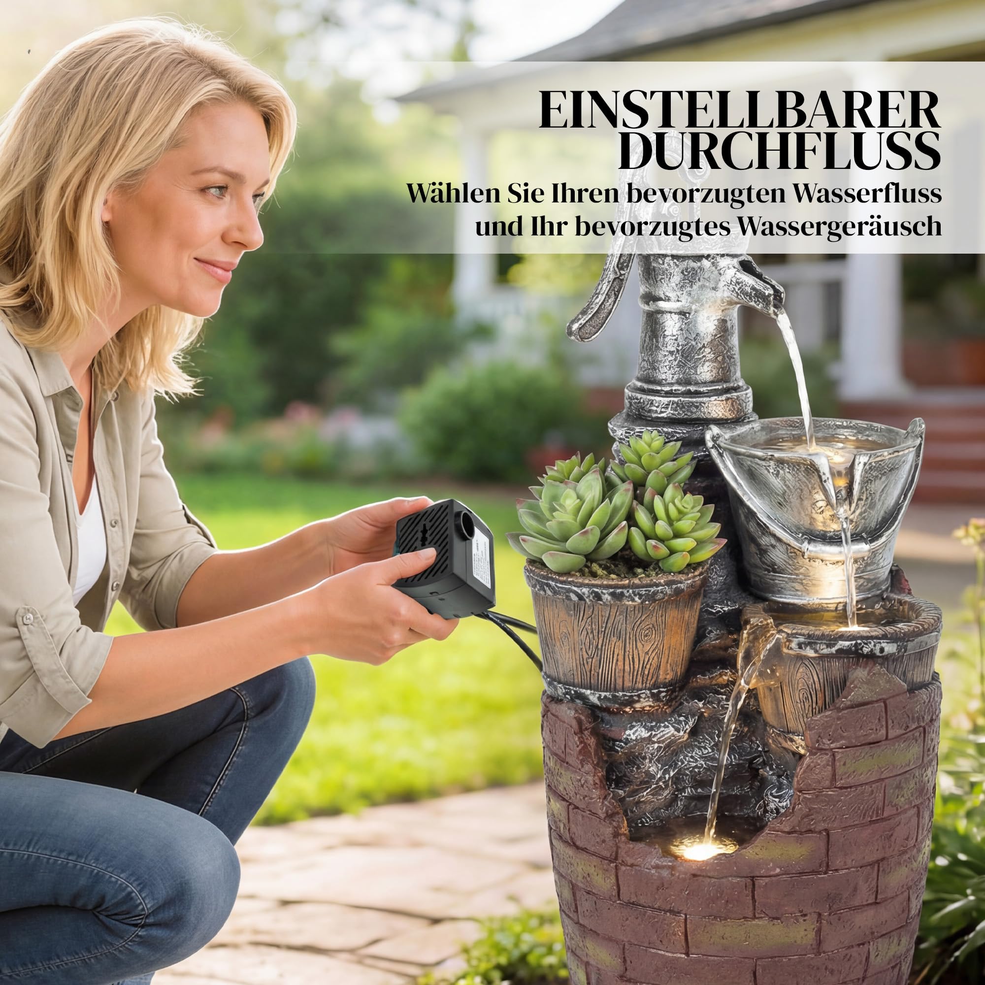 Outsunny Springbrunnen 4-stufig rustikal Gartenbrunnen mit LED Beleuchtung Pflanzkübel Pumpe, Verstellbar Zimmerbrunnen Terrassenbrunnen Wasserspiel Zierbrunnen für Garten Rasen 34 x 31 x 76 cm