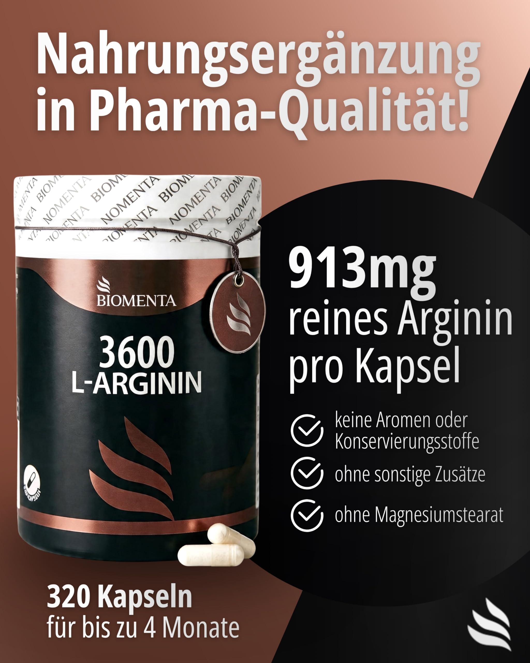 BIOMENTA L-Arginin Hochdosiert I 320 Kapseln mit 913 mg reine Aminosäuren pro Einheit I Pre Workout Nahrungsergänzungsmittel ohne Zusätze I Laktosefrei, sojafrei & glutenfrei I Laborgeprüfte Qualität