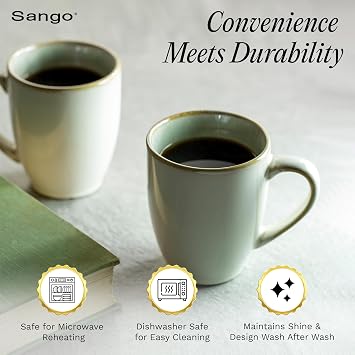SANGO Resona Moss Stoneware Heat Resistant Coffee Mugs, Microwave and Oven Safe, 12 oz, White, 4 Count