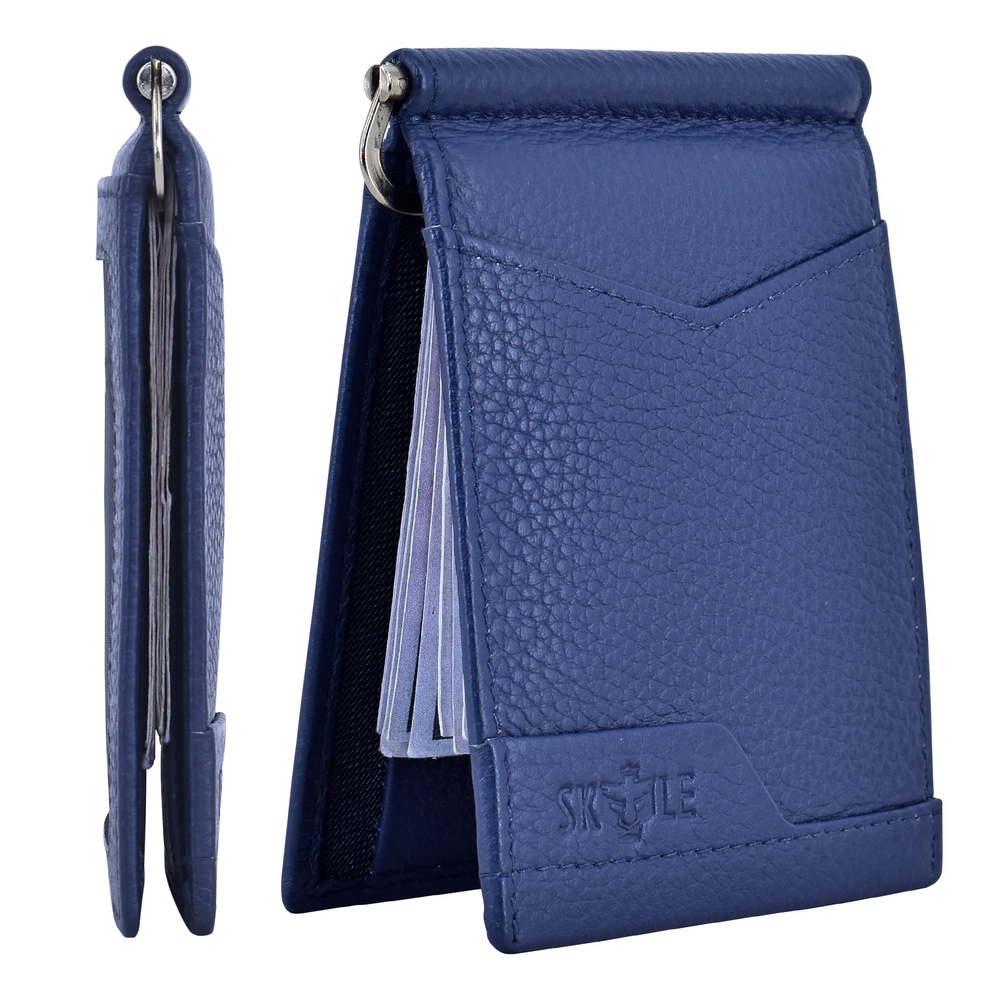 SKYLELeather Money Clip Wallets for Men with ID Window (Navy), RFID Blocking 7 Card Slots, Strong Metal Clip to Hold Cash, Front Pocket Card Holder Wallet