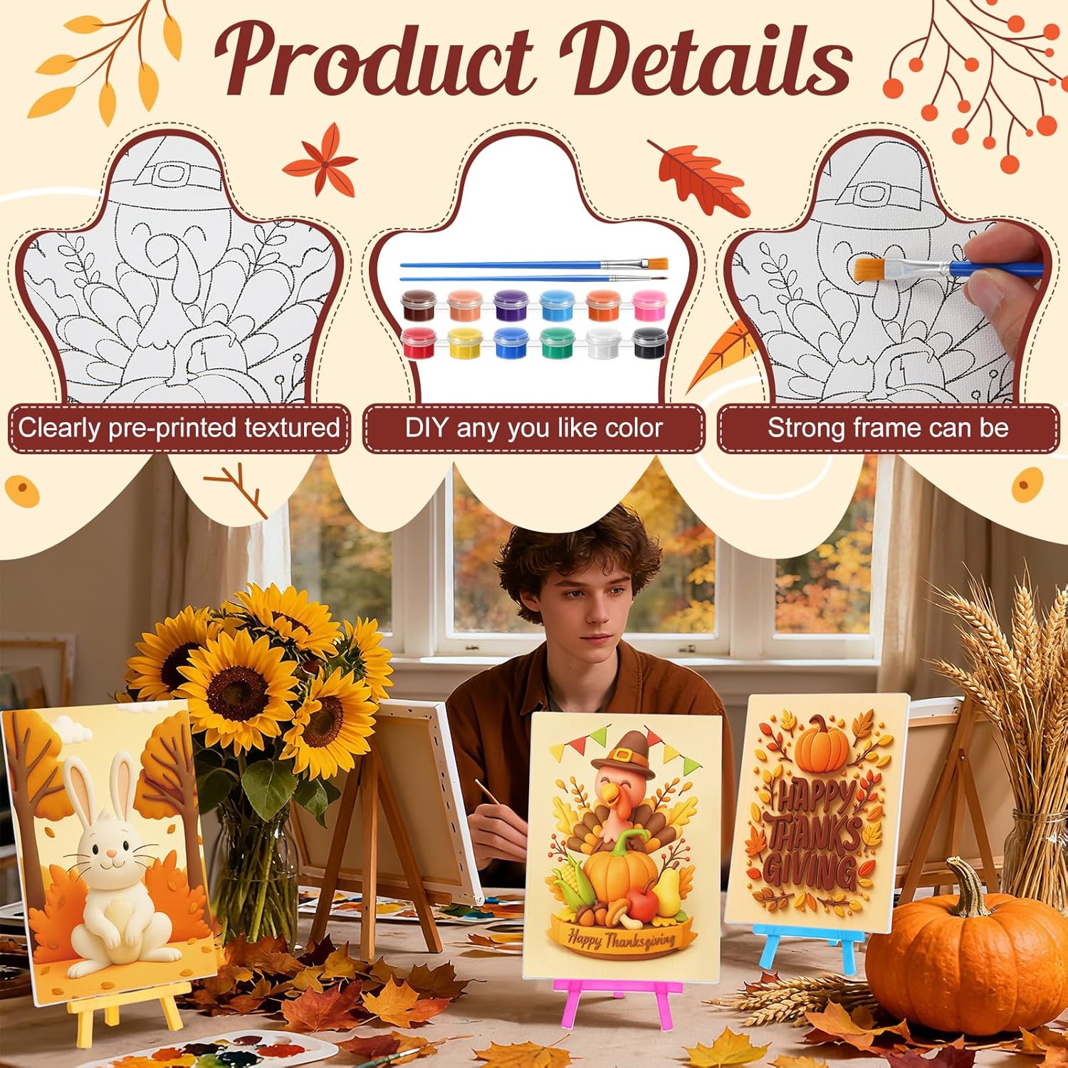 Blosssound 24 Pack Thanksgiving Pre Drawn Canvas to Paint Pre Printed Canvas Painting Kits with Easel, Paint Pots Brushes Stretched Panels Bulk for Adult Sip Party Student Beginner Birthday DIY