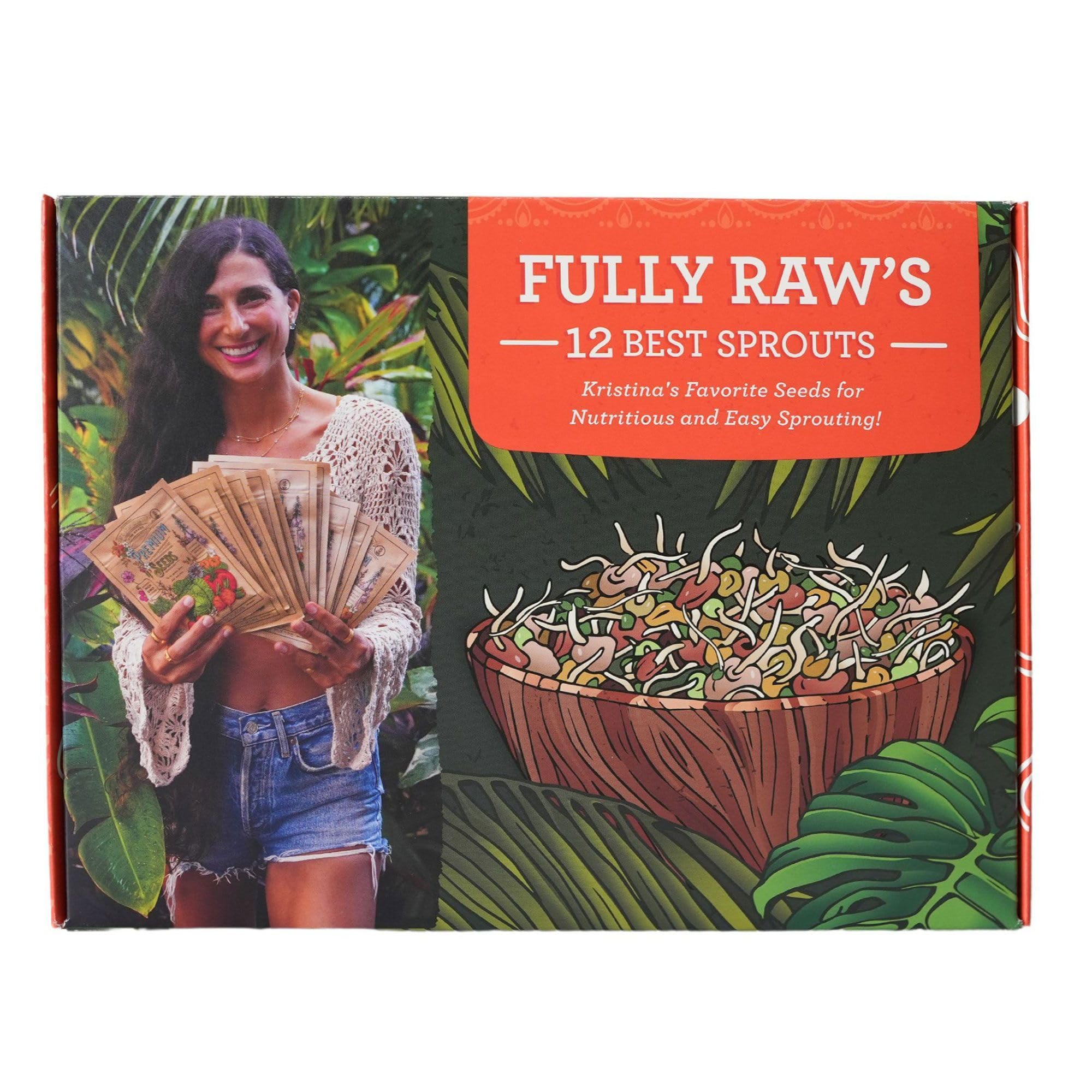 12 Variety Pack Organic Sprouting Seeds - Fully Raw Kristina's Sprouts Growing Kit with Sprouting Lid & Book - Alfalfa Seeds, Mung Bean, Radish, Clover Seed, Salad Mix, Pea, Health Blend, & More