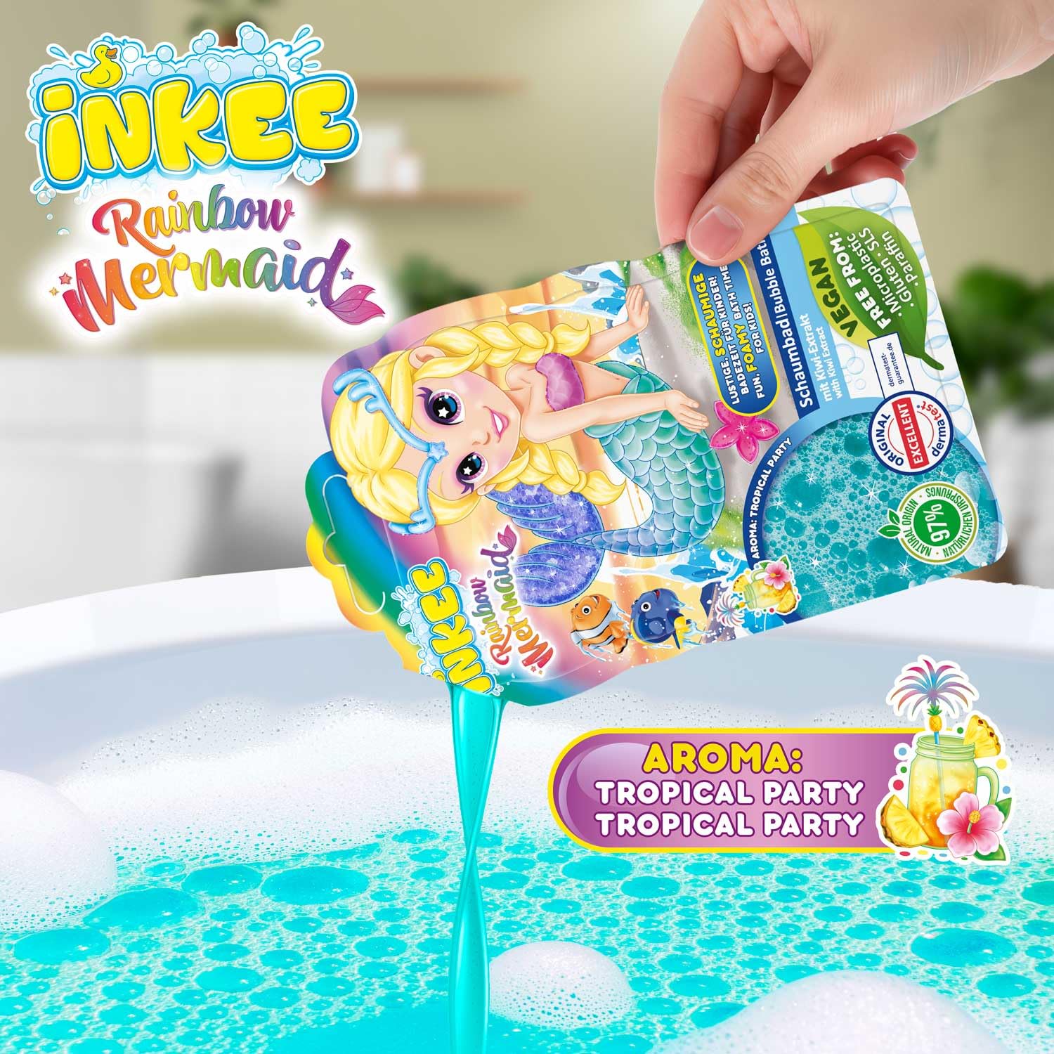 INKEE Bubble Bath Sirena Arcoíris Pack 3 – Espuma de Baño para Niños con Aroma Tropical, Espuma Turquesa para la Bañera, Aditivo de Baño Infantil 3x 40ml