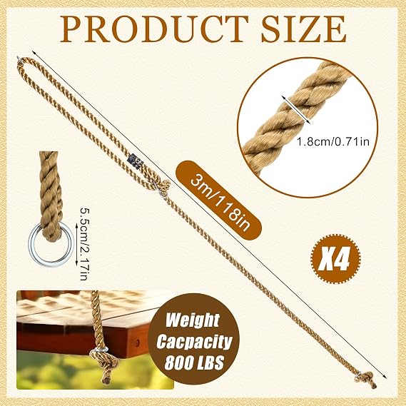 Seenelling 4 Pack Swing Rope Kit Porch Garden, Brown, 118 Inches,10 ft