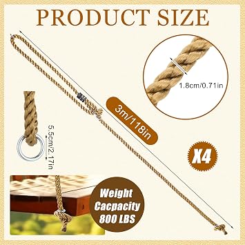 Seenelling 4 Pack Swing Rope Kit Porch Garden, Brown, 118 Inches,10 ft