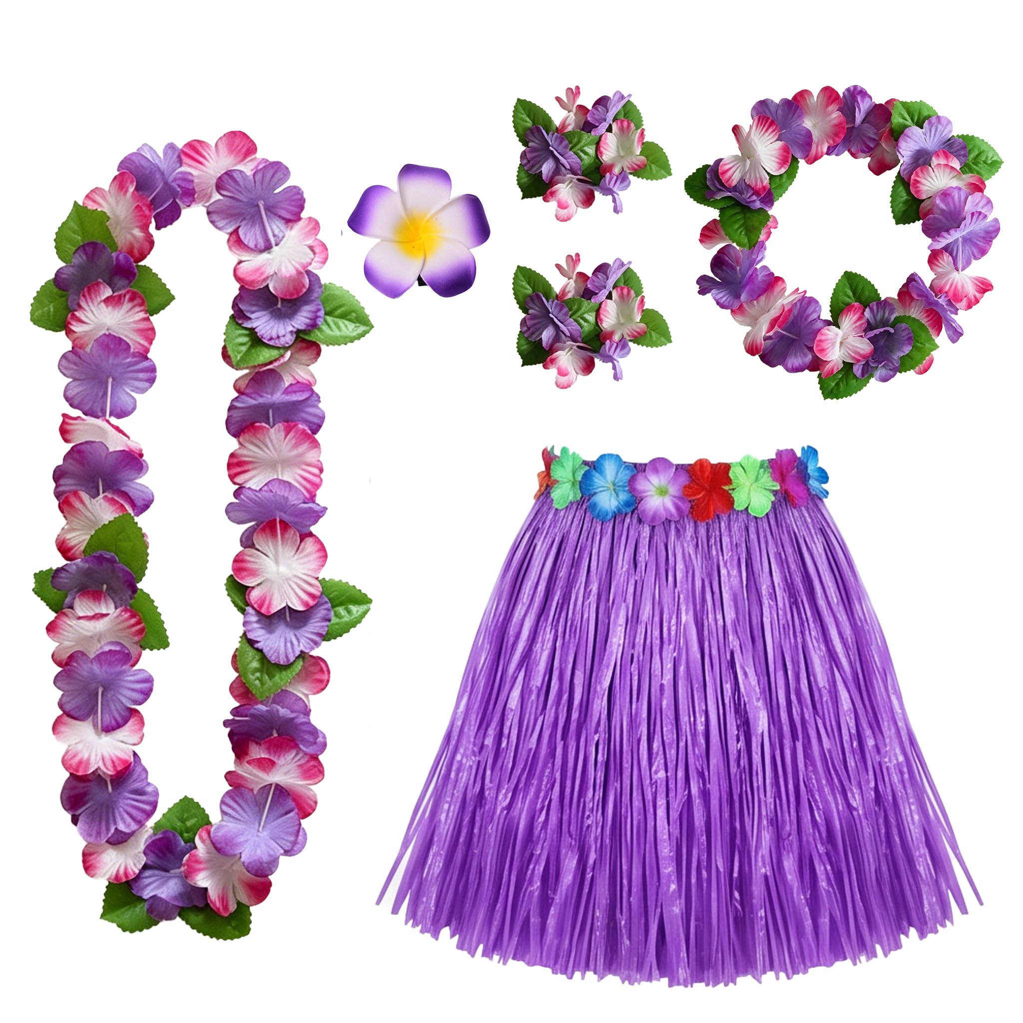 6 Pcs Hawaiian Fancy Dress Women,Hawaiian Garland Outfits for Adults Women,Hula Garland,Grass Skirt Costume Set,Hawaii Accessories Garlands Outfit Bracelet Necklace for Tropical Decorations (Purple)