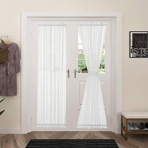 Aquazolax - Cortinas de puerta francesas a rayas blancas transparentes para puertas de cristal de patio, ventanas