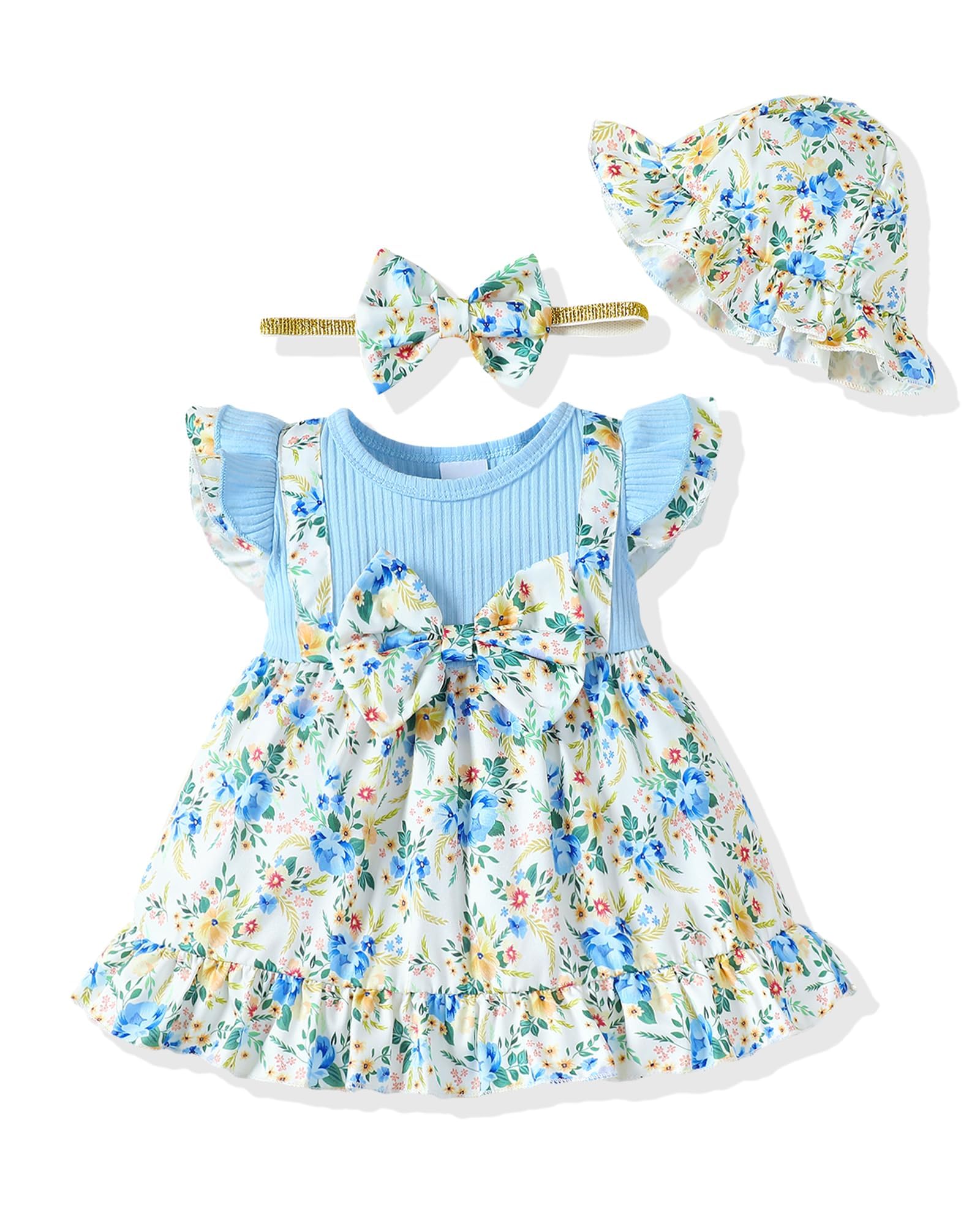 SUNNY PIGGY Baby Girl Clothes Newborn Infant Dress Outfit 0 3 6 9 12 18 24 Months Skirt Set Headband+Hat