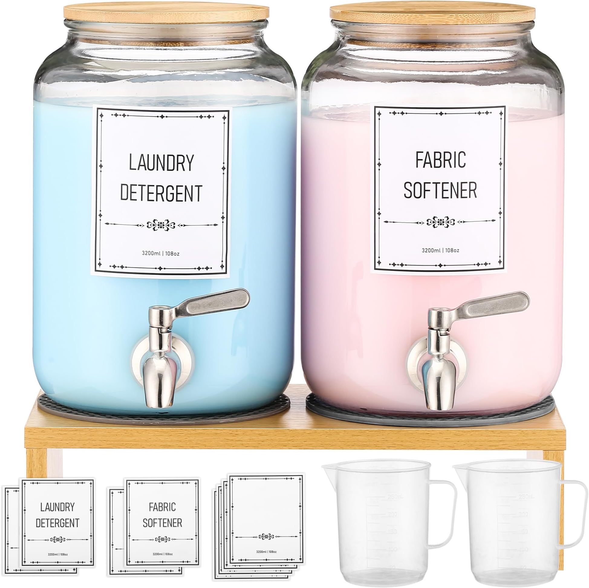 Glass Laundry Detergent Dispenser, 0.9 Gallon Liquid Fabric Softener Dispenser With Stainless-Steel Tap. Glass Jars Laundry Containers for Laundry Room Organization & Storage
