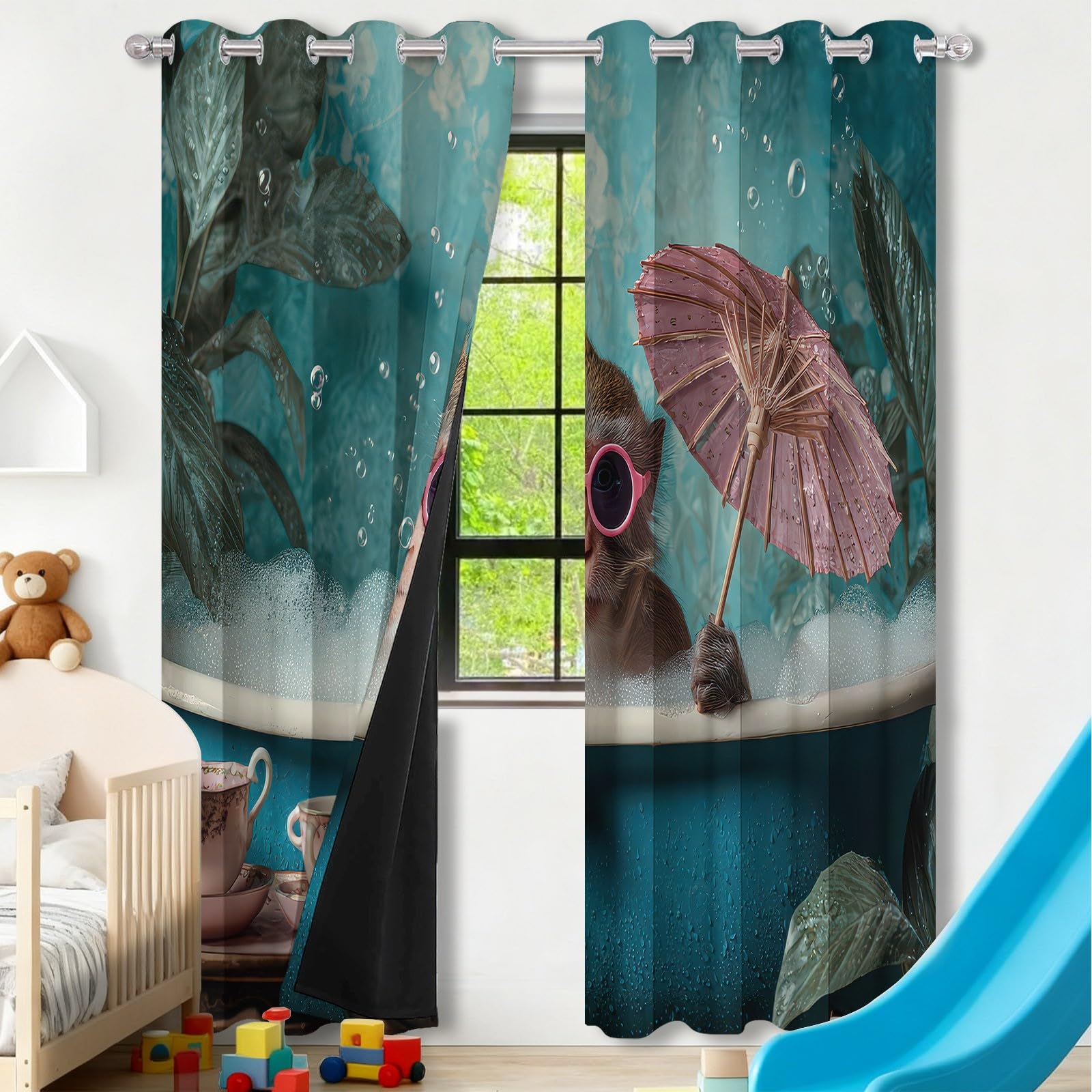 Generisch Gardinen Vorhänge Blickdicht Grün - Hochwertiger Badewanne mit Cartoon-Affen Print H200 x B70 cm (2er Pack) Schalvorhänge mit Stangentasche für gehobenes Wohnambiente