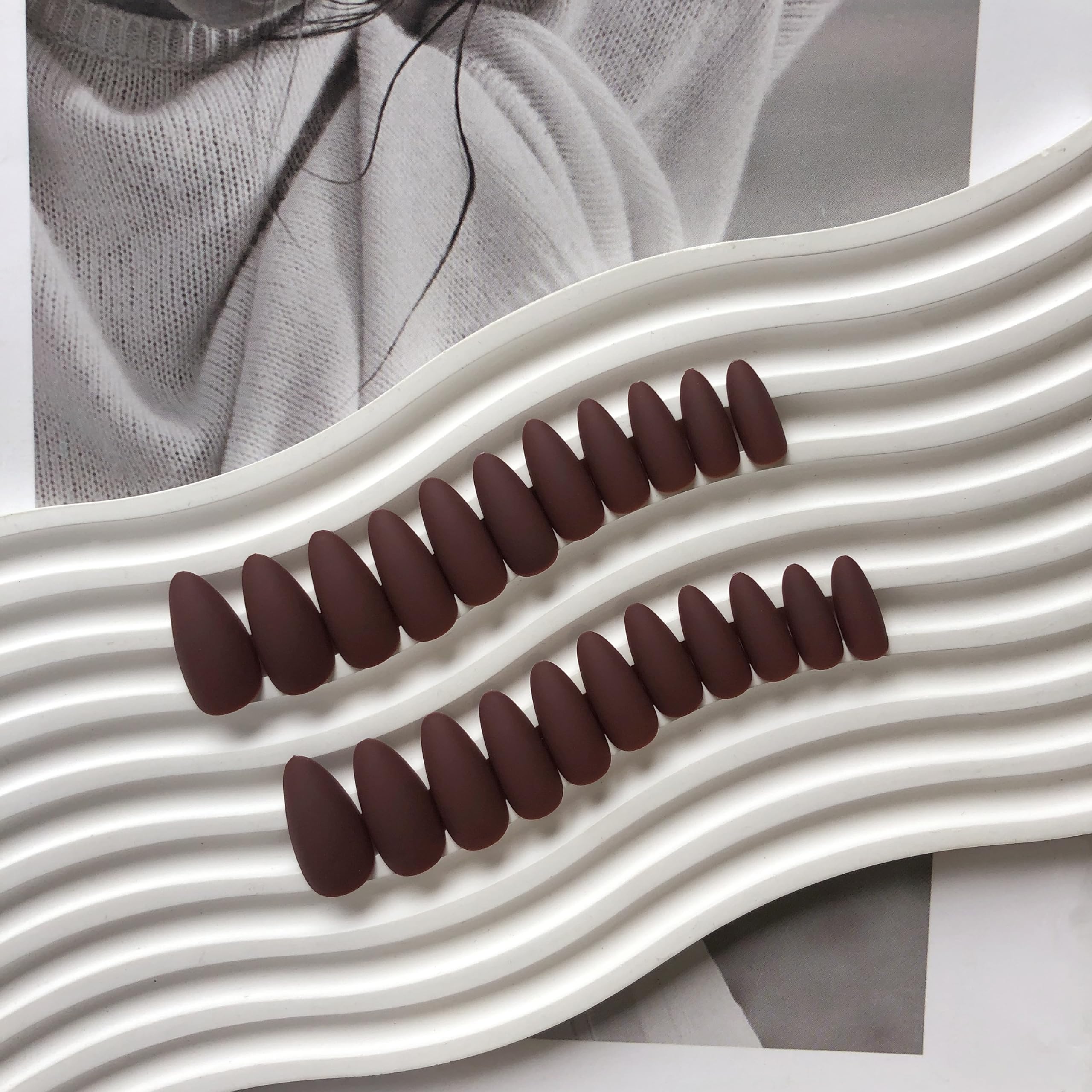 SXVME Soft Gel Press on Nails Almond Shape, Matte Brown False Nails Medium Length, Natural Solid Color Fake Nails Set - Image 3