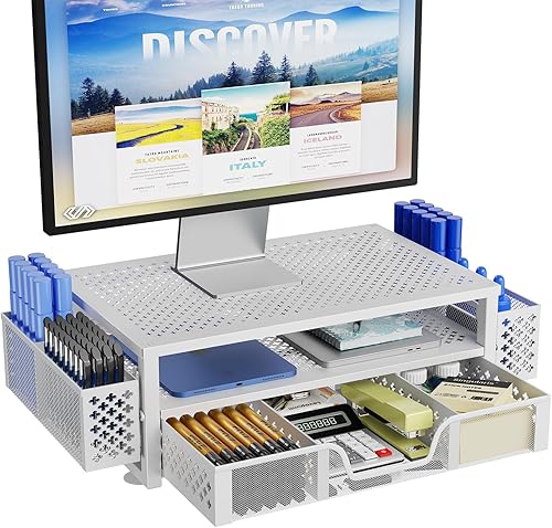 Simple Trending Soporte de monitor de metal de 2 niveles para monitor y organizador de escritorio de computadora con cajón y soporte para bolígrafo