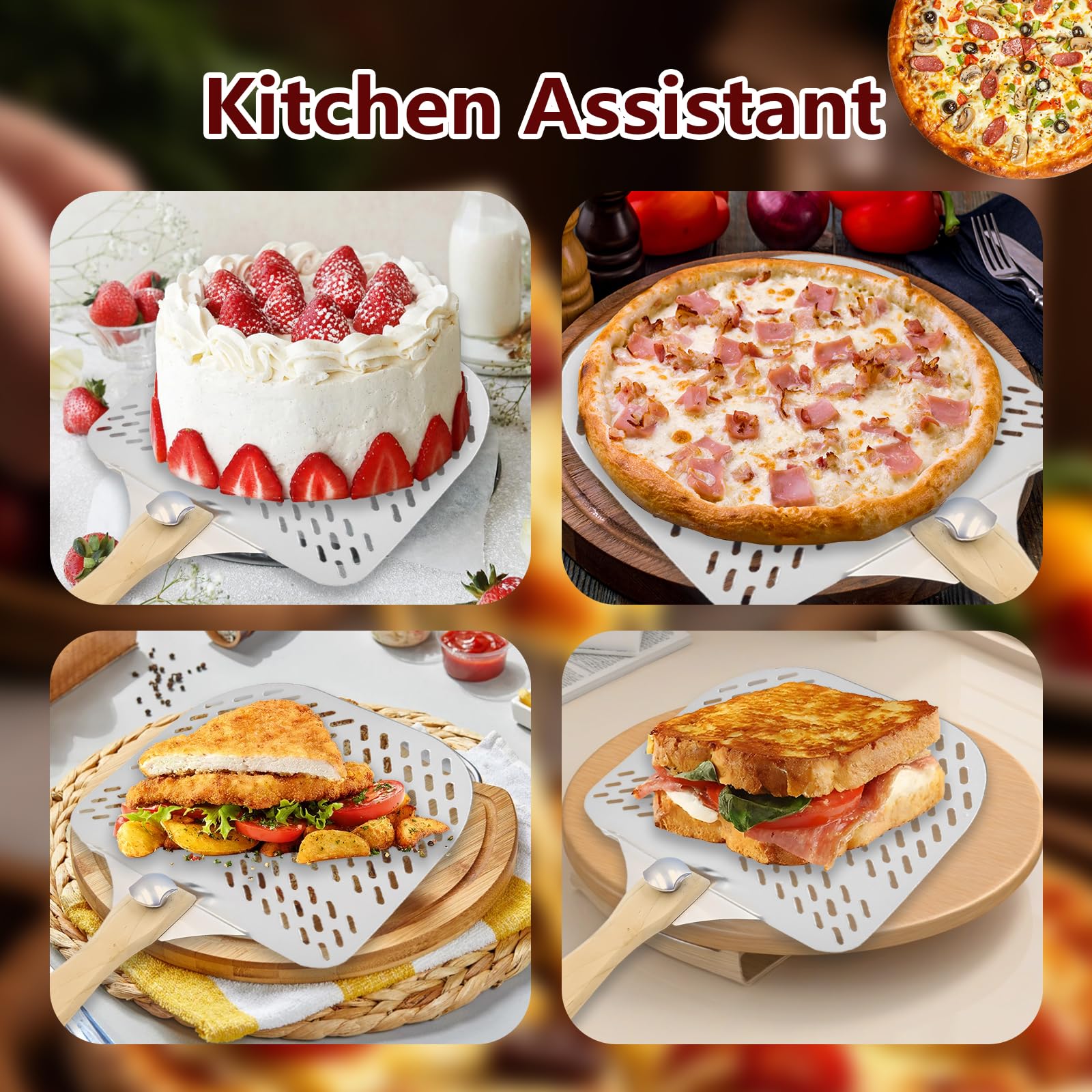 Pelle a Pizza, Pelle à Pizza Perforée en Aluminium, Pelle à Pizzaiolo en Acier Inoxydable avec Poignée Amovible, Pelle à Pizza Avec en Bois Pliable pour Cuisson de Pizzas, Pain