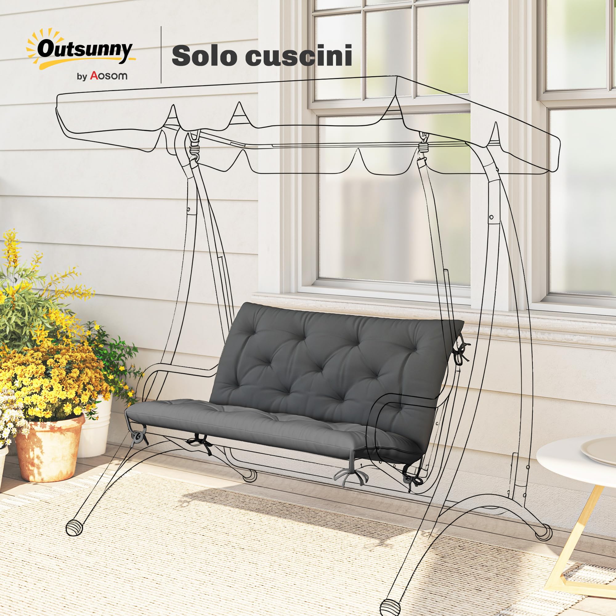 Outsunny Cuscino da Giardino Moderno per Sedute da Esterno con 6 Lacci, Cuscino da Esterno Imbottito in Cotone e Poliestere, per Divani Dondoli Panche, 100x98x8 cm, Grigio Scuro