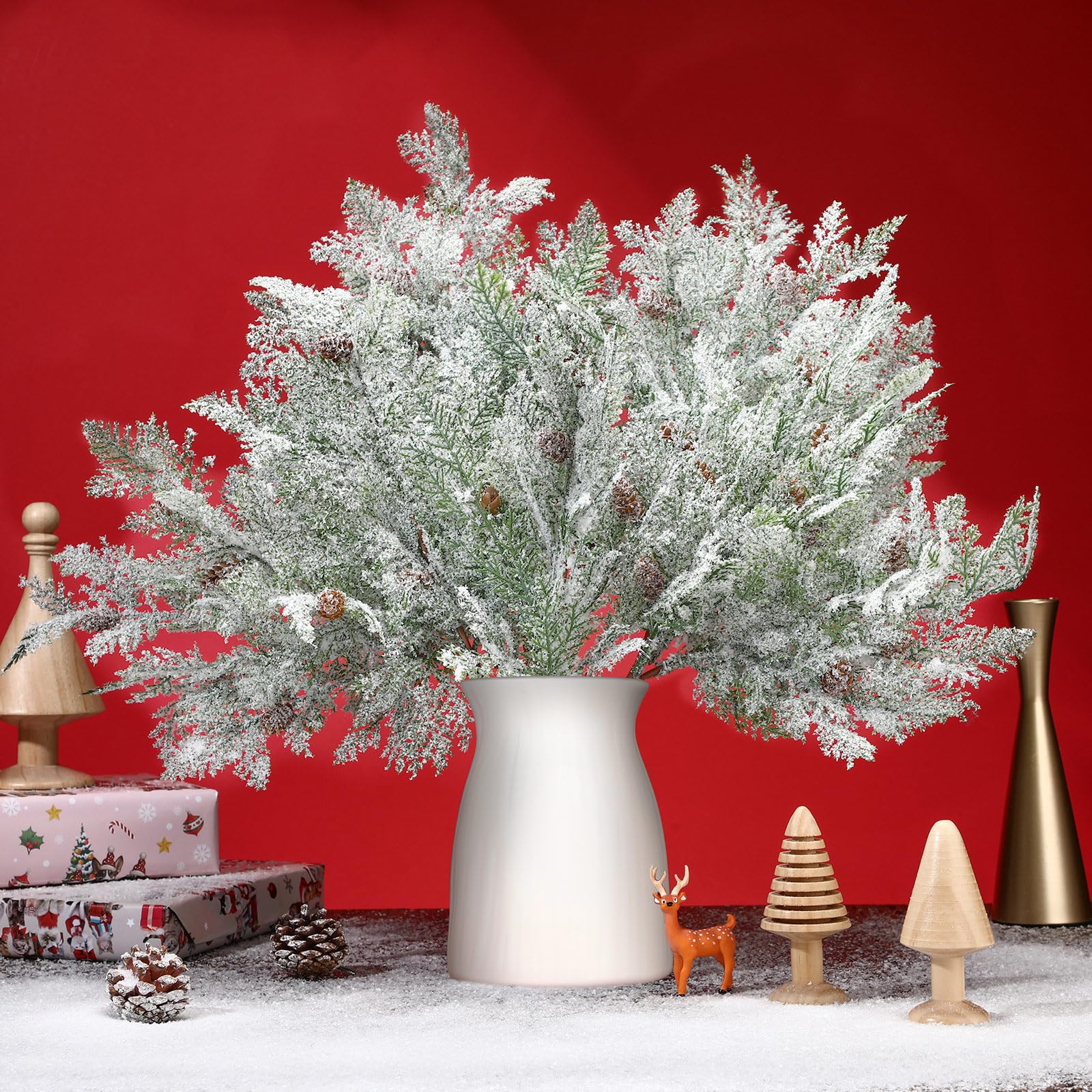 Giegxin Lot de 12 grandes branches de pin de Noël givrées de 45,7 cm avec pommes de pin artificielles pour couronne de Noël, travaux manuels, décoration d'intérieur