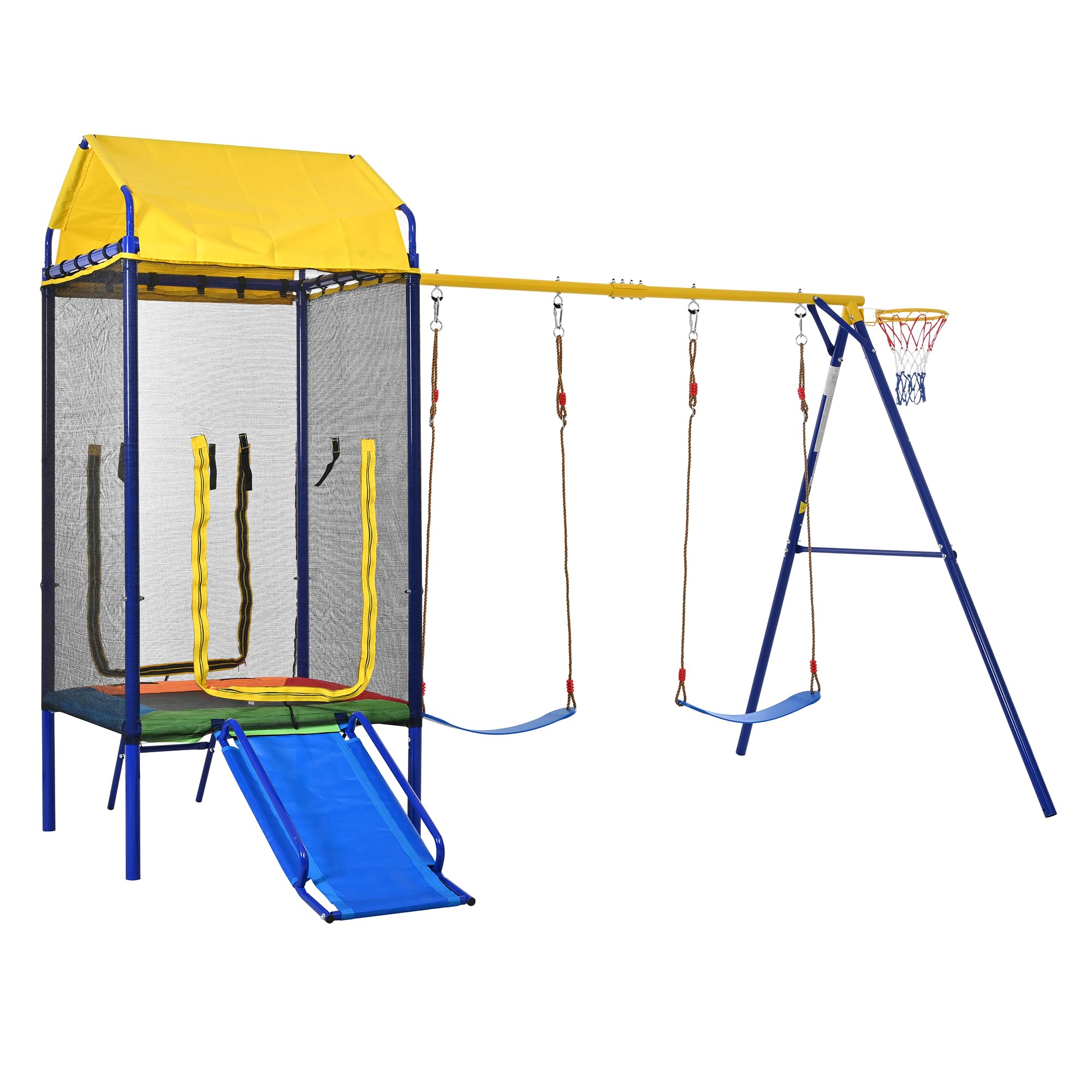 SACOOL Torre da gioco multifunzionale per bambini outdoor con trampolino, altalena, scivolo, canestro da basket, rete di sicurezza e robusto telaio in ferro per giardino, colorato