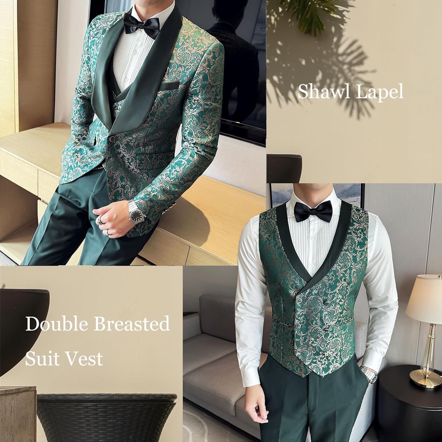 UNINUKOO Men’s Suit Dress Tuxedo 3 Piece Slim Fit Floral Wedding Party Print Lightweight Blazer Vest and Pants Set - Image 6