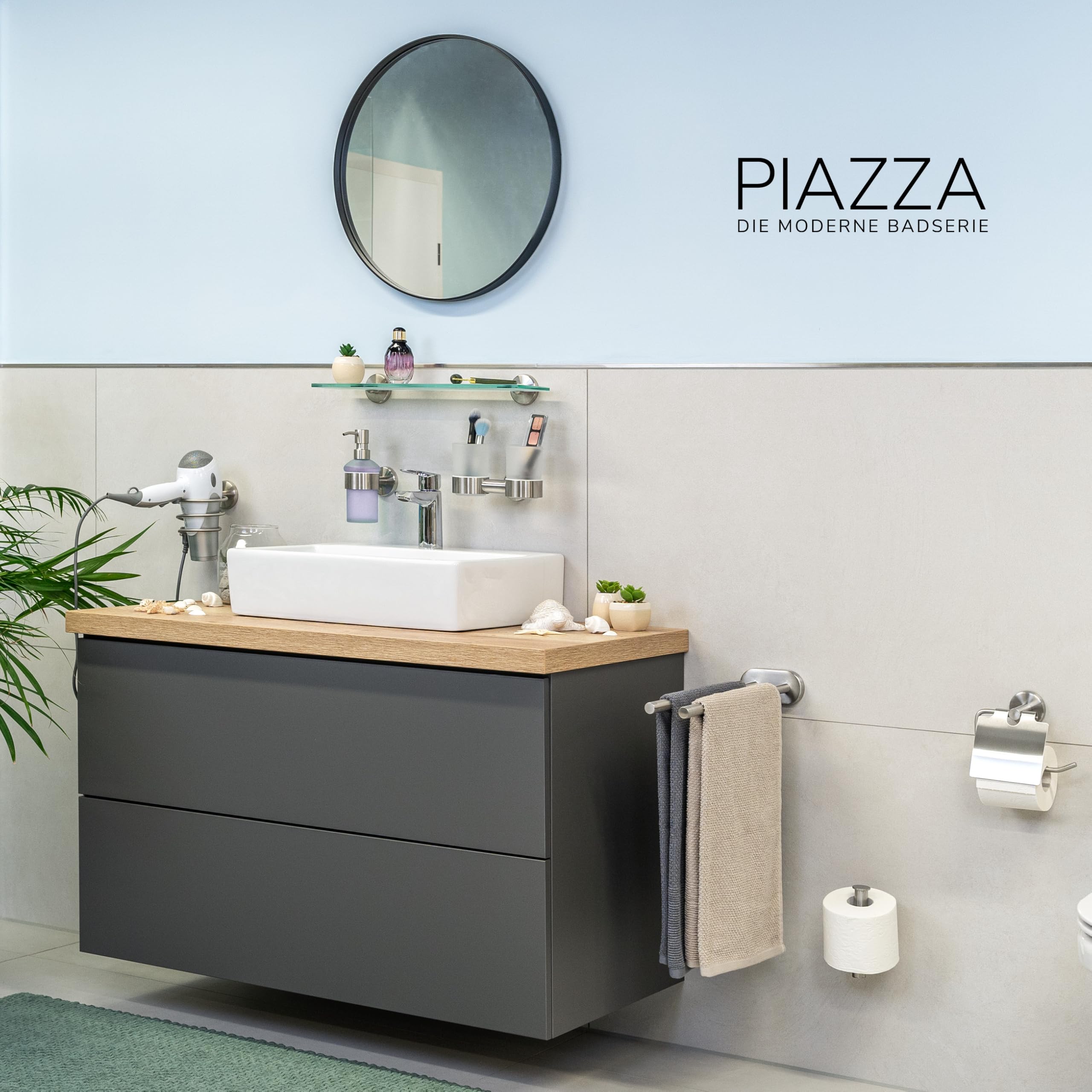 bremermann Bad-Serie Piazza - Badezimmer Zubehör-Set 3tlg. bestehend aus 1x Toilettenpapierhalter 1x WC-Garnitur und 1x Seifenspender, Badaccessoires aus Edelstahl matt