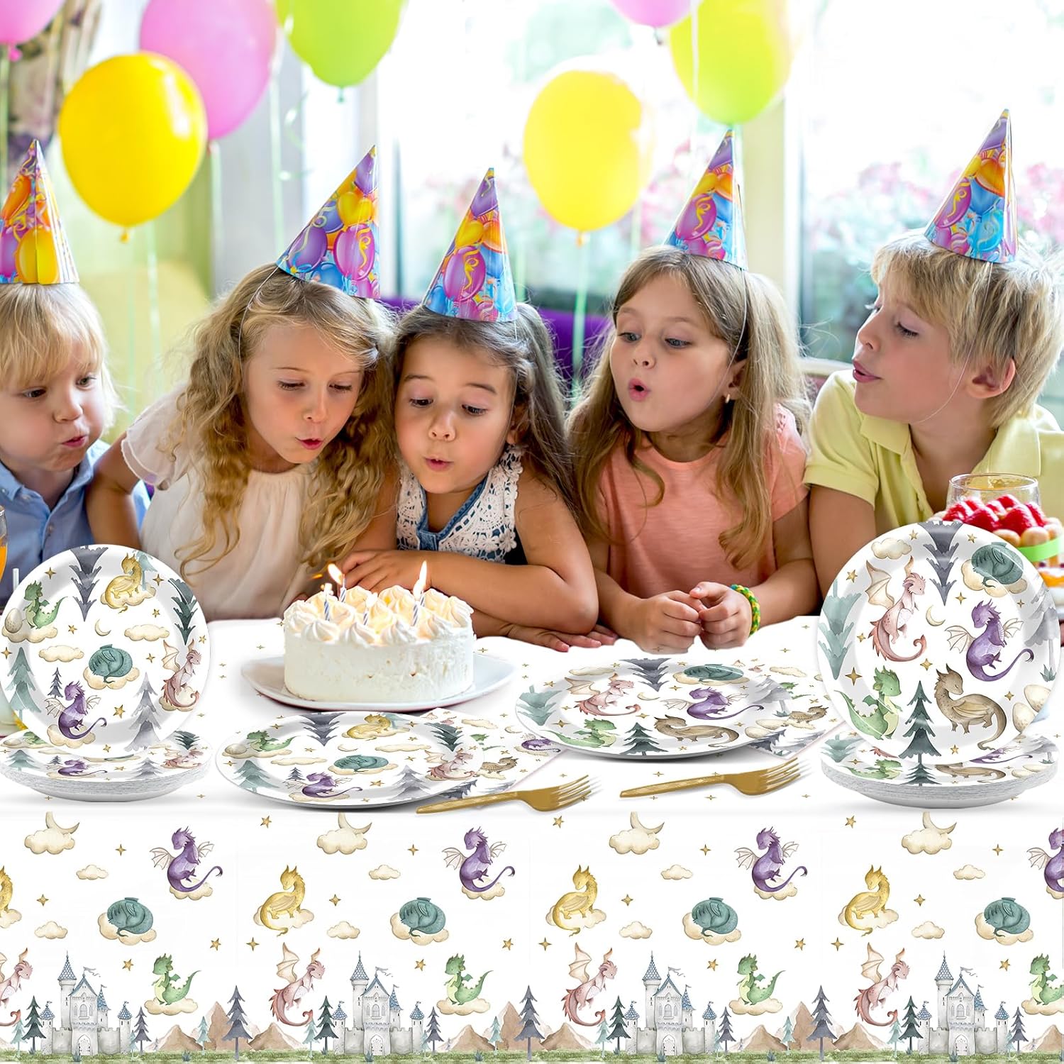 98 Pcs Watercolor Dragon Tableware Set Magic Dragon Party Plates Napkins Dragon Table Cover Fantasy Dragon Dinnerware for Kid Boy Girl Birthday Party Decorations Favors for 24 Guest