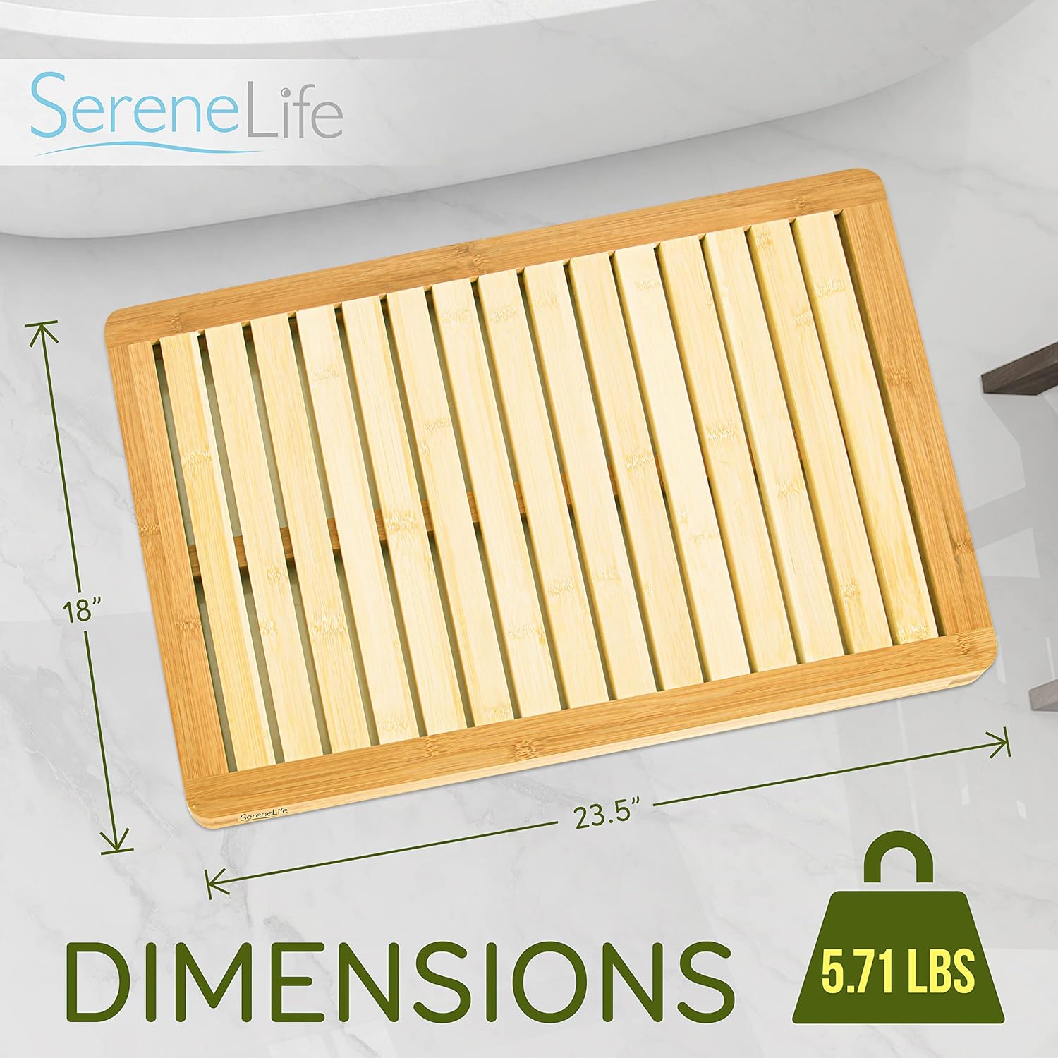 Natural Bamboo Non-Slip Water-Resistant Shower Mat, 23" x 18"