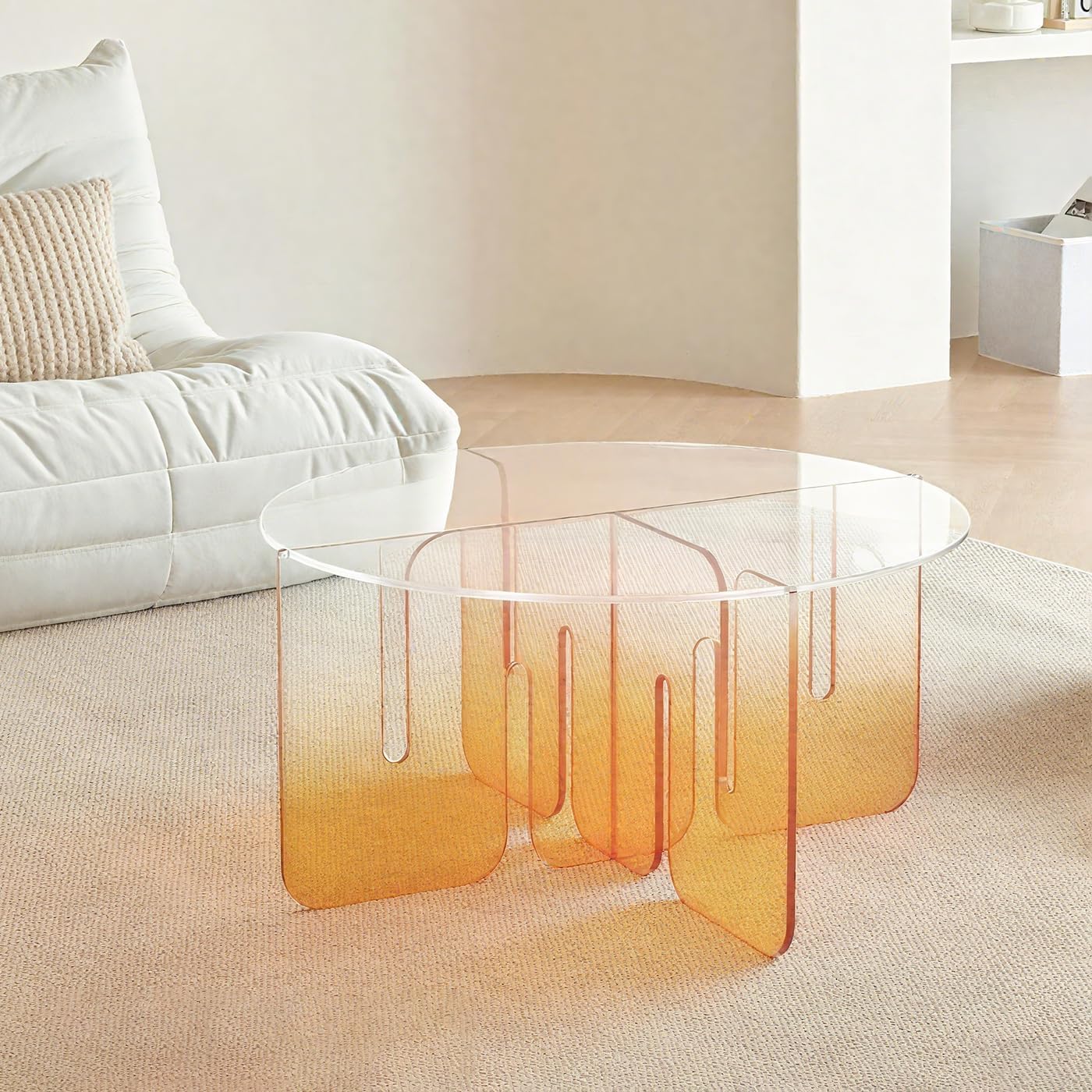 32inch Acrylic Coffee Table, Acrylic Orange Side End Table Round Modern Accent Table Coffee Tablé Easy Assemble for Living Room Clear Round Top