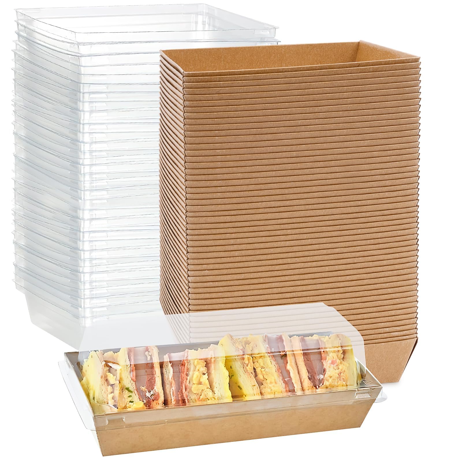 100 Pack Paper Charcuterie Boxes with Clear Lids, Cake Slice Sandwich Boxes Rectangle To Go Swiss Roll Cake Containers for Sushi Fruits Macaron Cookies Dessert Bakery