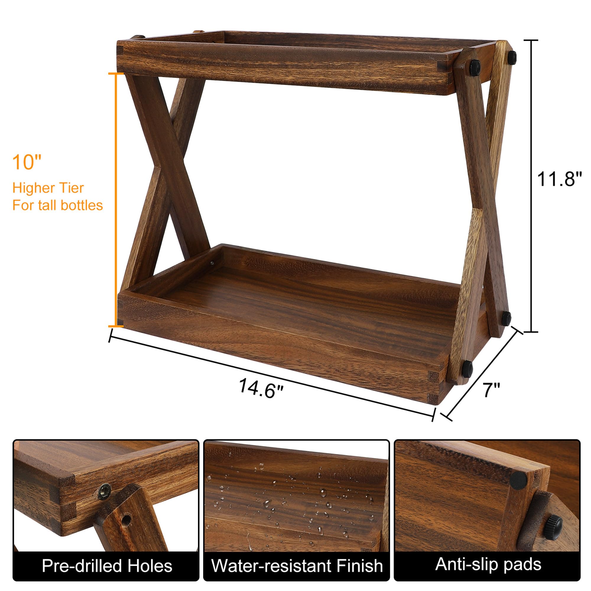 Organizador de madera para encimera, estante de madera de 2 niveles para accesorios de barra de café, organizador de especias de cocina, organizador de almacenamiento de condimentos para el