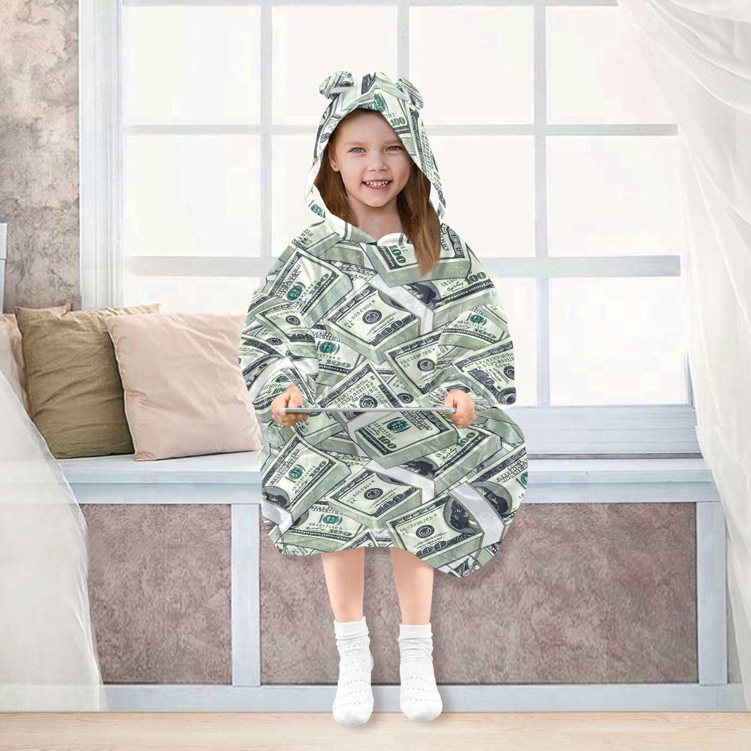 Paper Money Hundred Dollar Bills Kids Wearable Blanket Hoodie with Pocket and Sleeves for Toddlers Cute Hoodies Girls