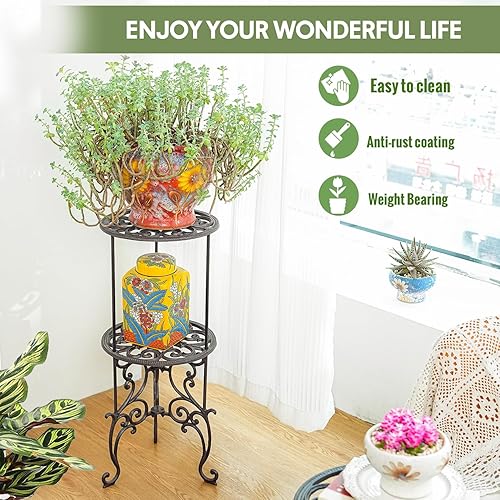 Miniatura 6 de Sungmor Soporte para macetas de hierro fundido resistente, estante de metal de 2 niveles de 26 pulgadas, soporte decorativo para macetas, estilo