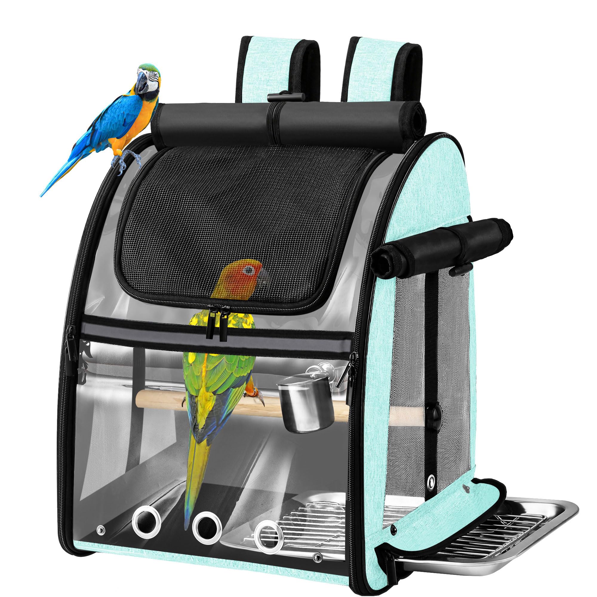 SUERTREE Vogel Transportbox, Reisekäfig mit unzerstörbarem Edelstahlgitter, inkl. Standfuß, leichter & leicht zu reinigender Haustier-Rucksack für Papageien, Nymphensittiche, Wellensittiche, Grün