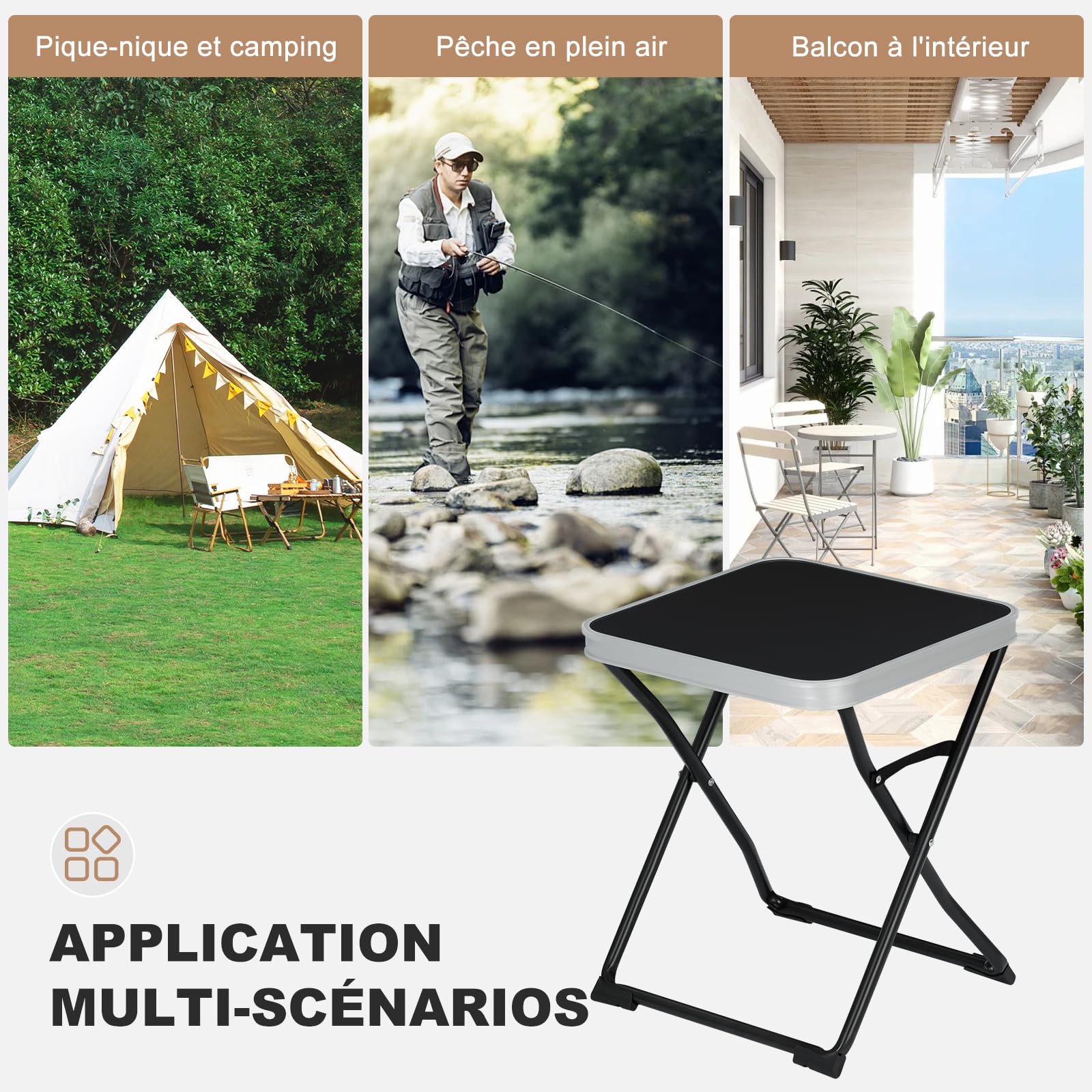 eSituro Table Pliante 2 en 1 d'Appoint avec Plateau Amovible, Tabouret Portable pour Camping Extérieur, 40,5x40,5x50cm, Noir