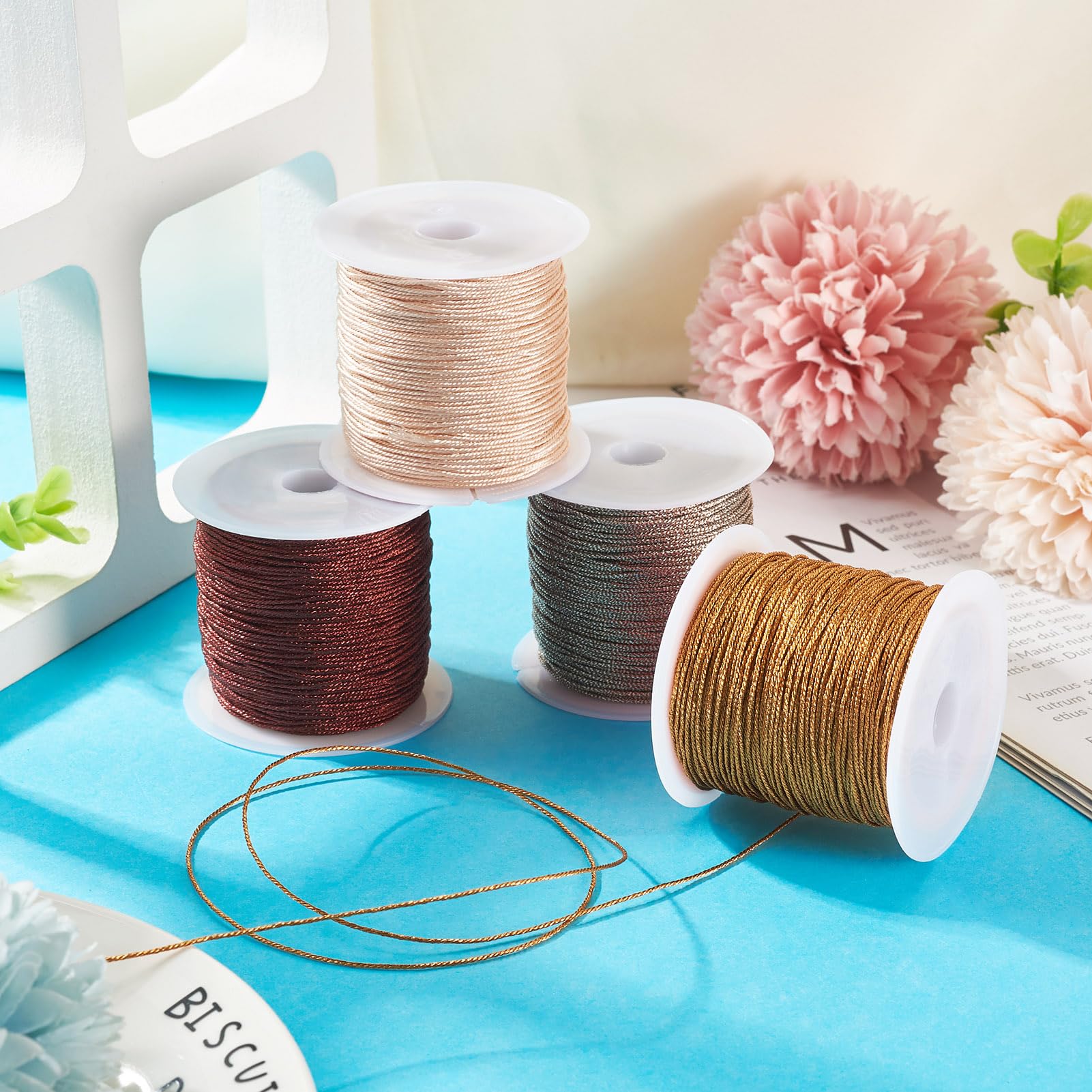 Spritewelry 4 Rolls 0.8mm Round Metallic Cord Beading String Threads Polyester Braided Cord for DIY Chinese Knotting Macrame Bracelet Necklace Jewelry Making - Image 4