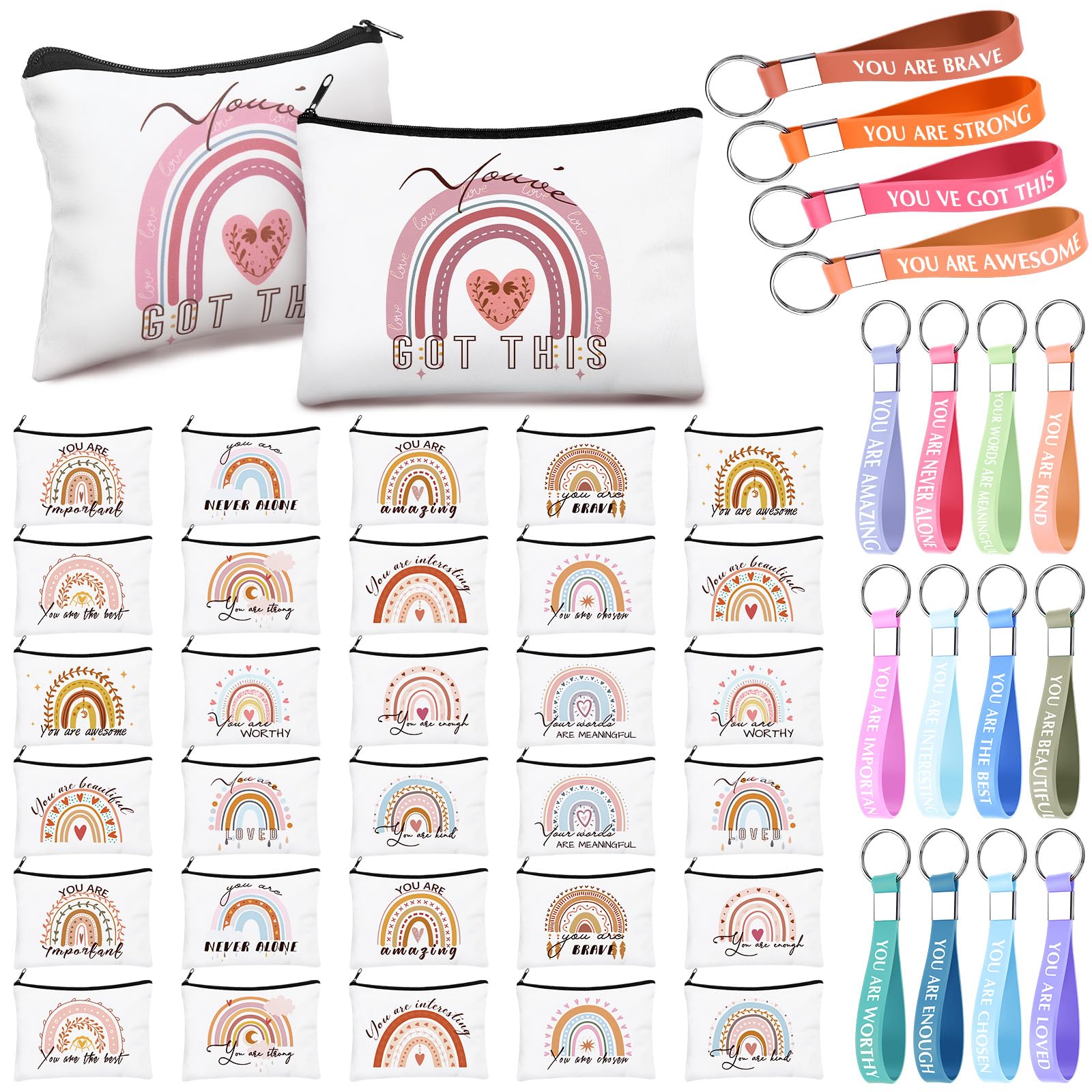 Hillban 64 Pcs Rainbow Canvas Makeup Bag Bulk Valentine Women Gifts 32 Boho Travel Toiletry Makeup Pouch with 32 Inspirational Keychains for Women