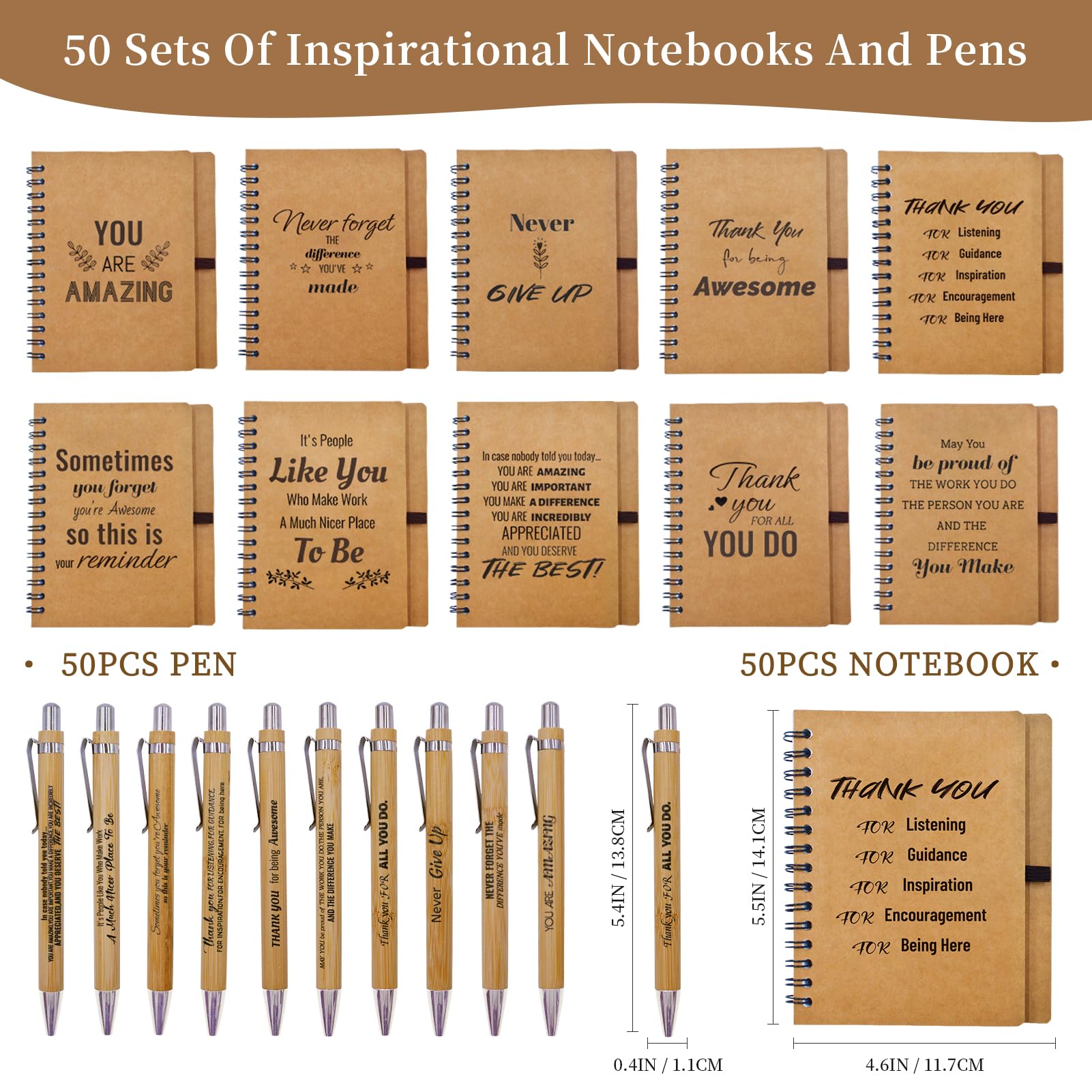 Lot de 100 carnets inspirants en vrac pour employés – 50 petits blocs-notes avec stylo de motivation pour infirmières, collègues, étudiants, enseignants, cadeaux de remerciement