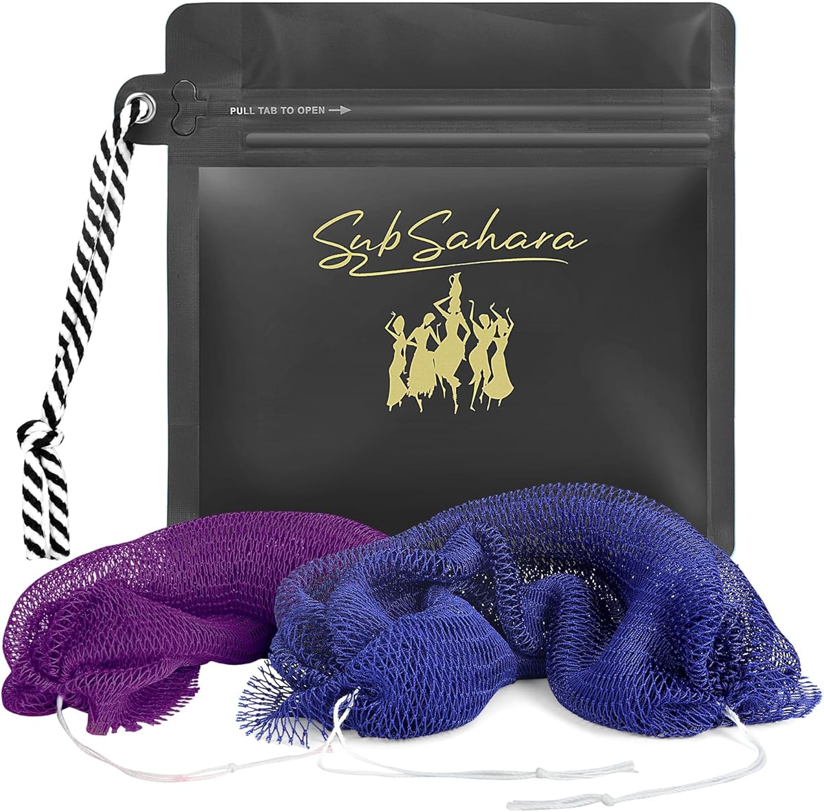 SubSahara African Net Sponge Authentic - 2 Pieces Exfoliating Scrubber for All Skin Types, Ideal for Face & Body Daily Use, Durable, Gentle Exfoliation (Blue & Purple)